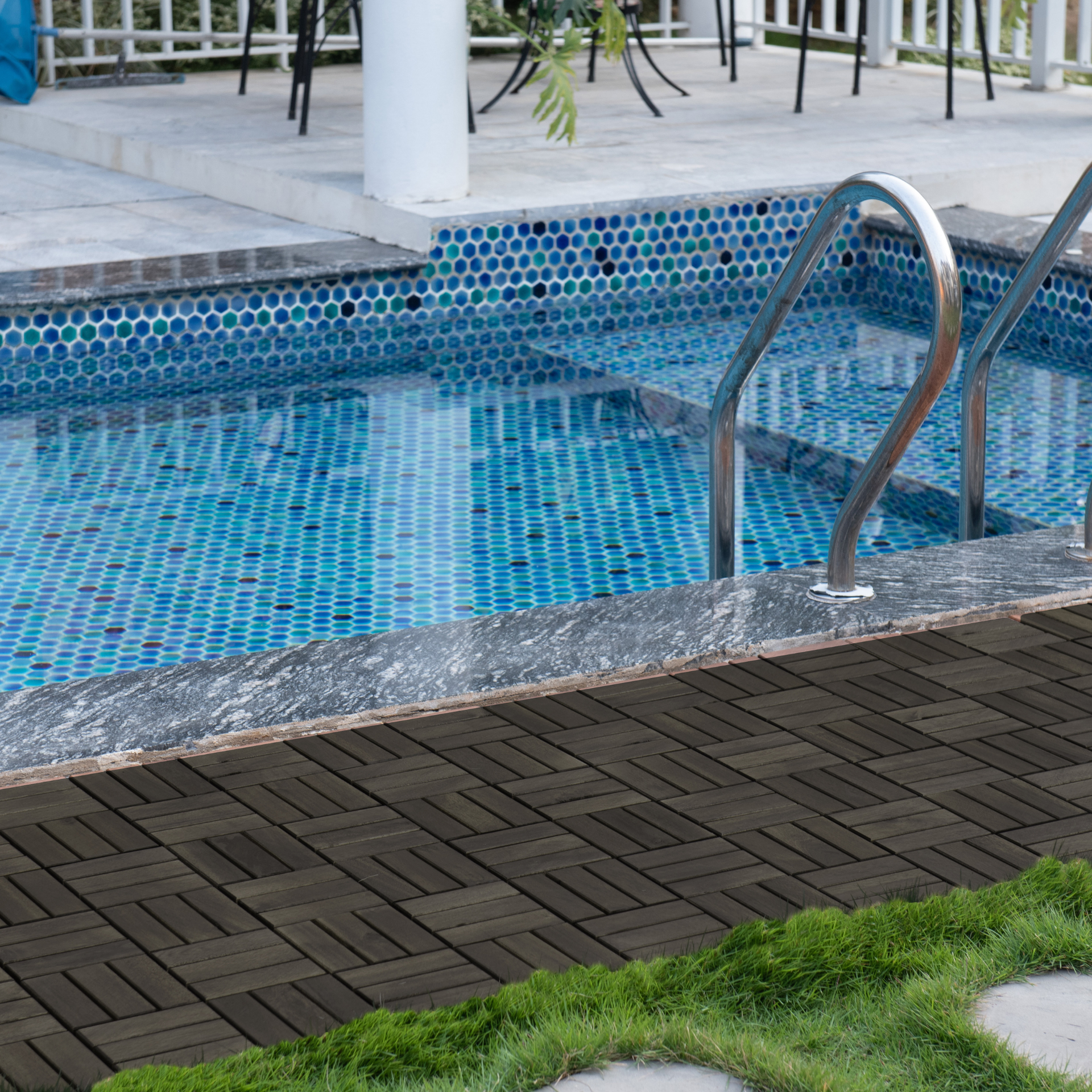 Acacia Wood Interlocking Deck Tiles Checker Pattern, 30 PCS  12" x 12" Dark Brown Square Acacia Hardwood Outdoor Flooring for Patio, Bancony, Pool Side,...