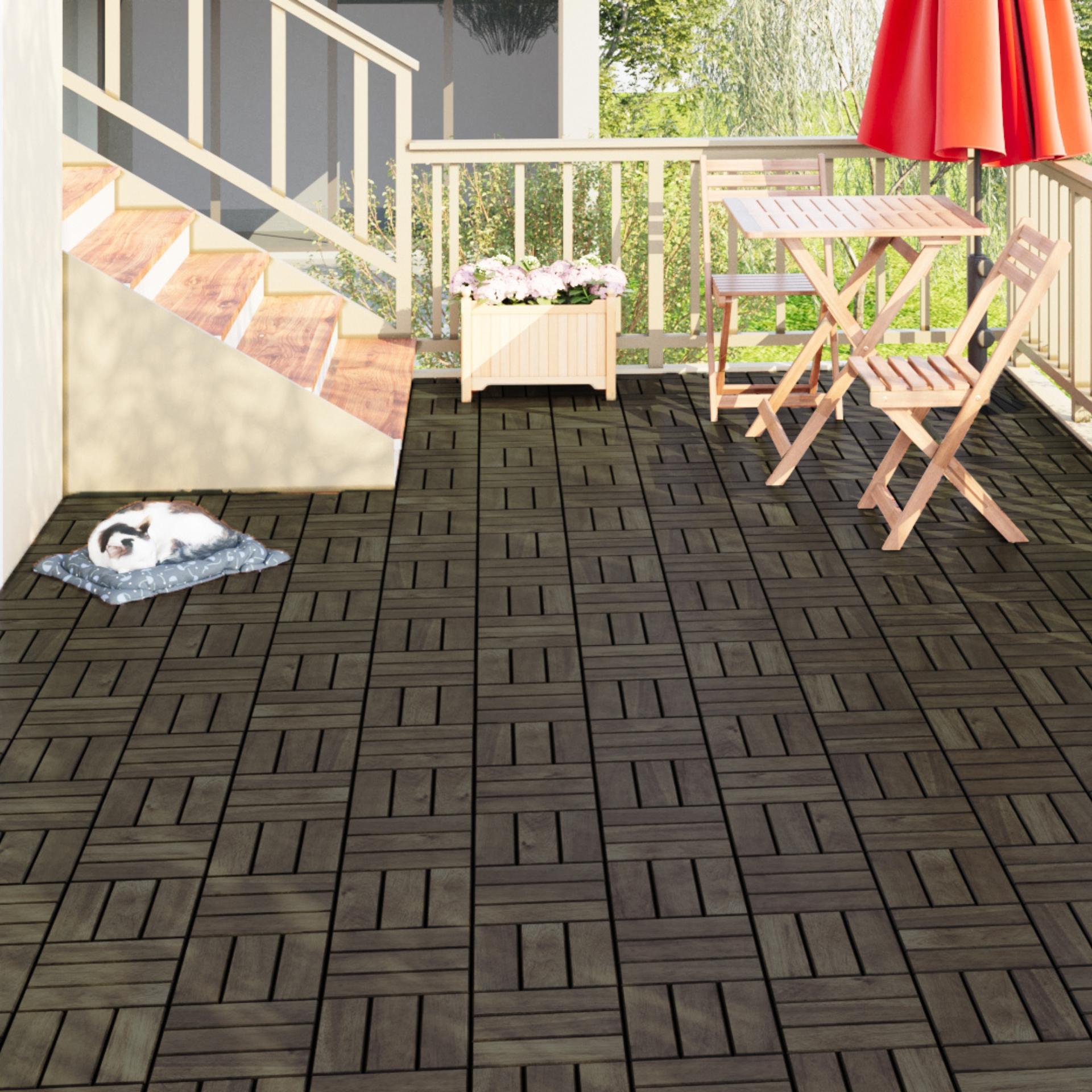 Acacia Wood Interlocking Deck Tiles Checker Pattern, 30 PCS  12" x 12" Dark Brown Square Acacia Hardwood Outdoor Flooring for Patio, Bancony, Pool Side,...
