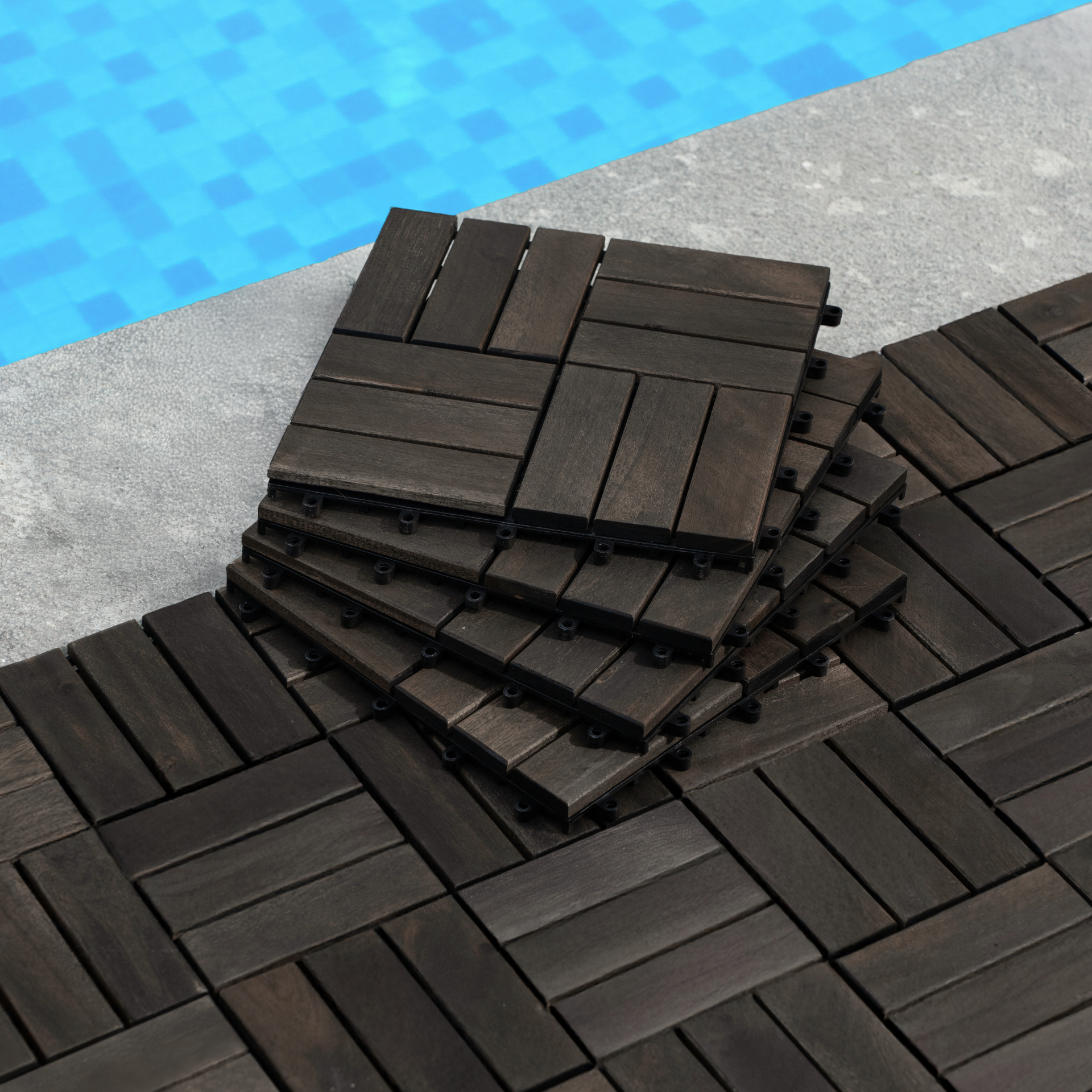 Acacia Wood Interlocking Deck Tiles Checker Pattern, 30 PCS  12" x 12" Dark Brown Square Acacia Hardwood Outdoor Flooring for Patio, Bancony, Pool Side,...