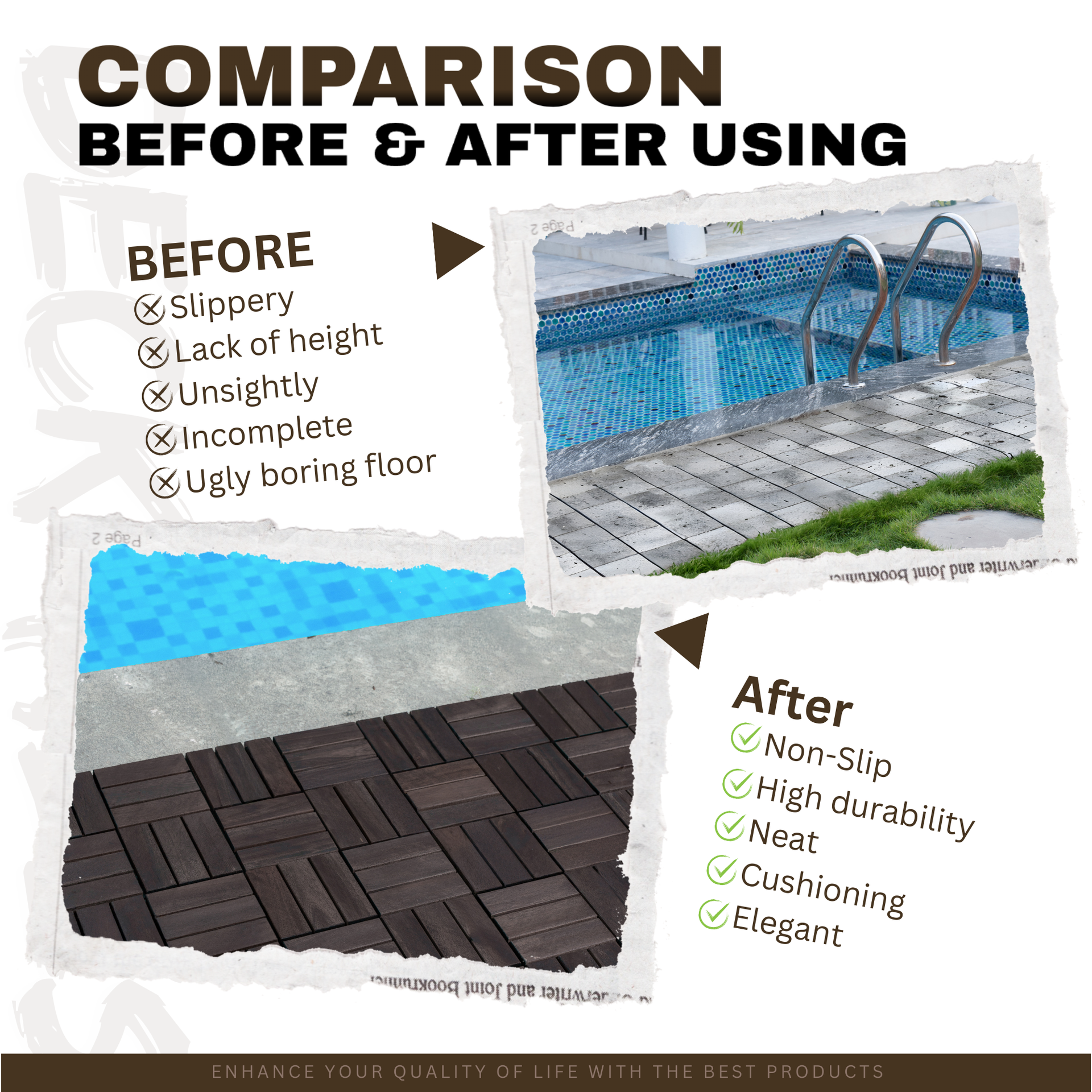 Acacia Wood Interlocking Deck Tiles Checker Pattern, 30 PCS  12" x 12" Dark Brown Square Acacia Hardwood Outdoor Flooring for Patio, Bancony, Pool Side,...
