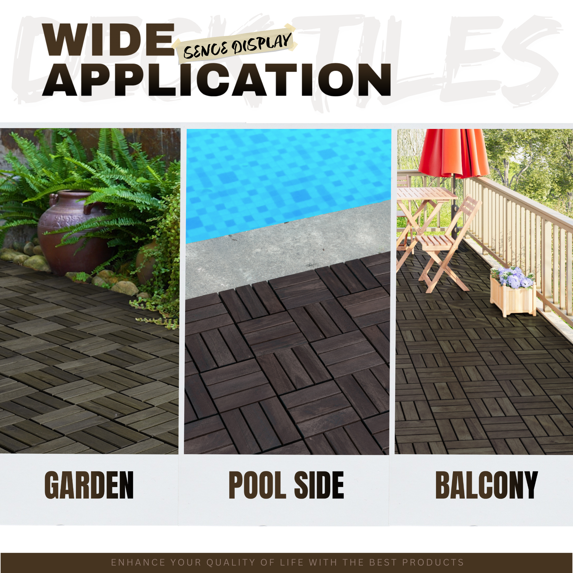 Acacia Wood Interlocking Deck Tiles Checker Pattern, 30 PCS  12" x 12" Dark Brown Square Acacia Hardwood Outdoor Flooring for Patio, Bancony, Pool Side,...