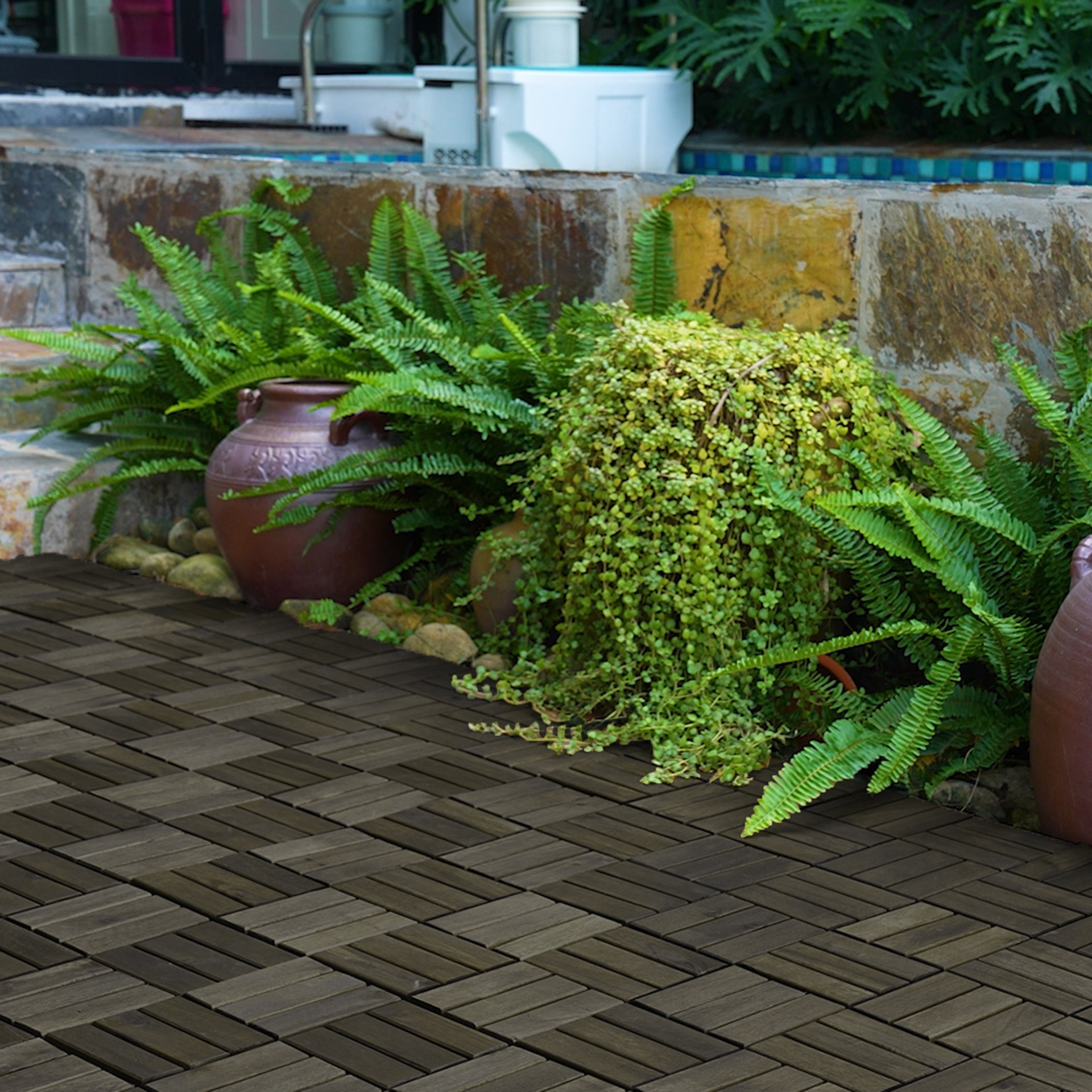 Acacia Wood Interlocking Deck Tiles Checker Pattern, 30 PCS  12" x 12" Dark Brown Square Acacia Hardwood Outdoor Flooring for Patio, Bancony, Pool Side,...
