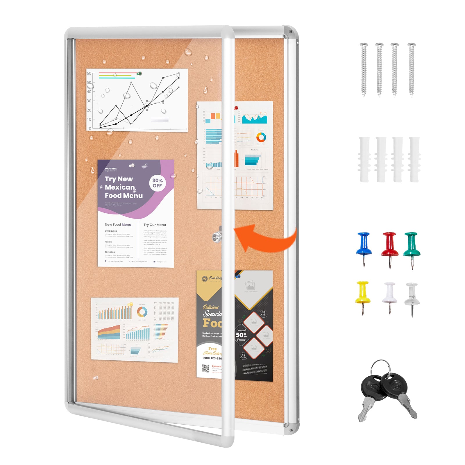 36"x24" Enclosed Cork Board with Aluminum Frame – Lockable Bulletin Board with Acrylic Door & 2 Keys – Weather-Resistant Wall Display Case for School, Home, Office