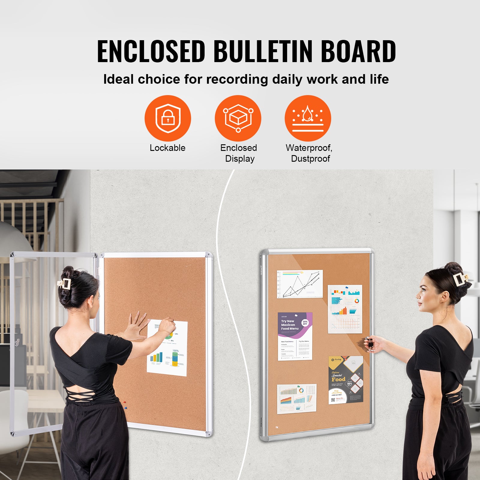 36"x24" Enclosed Cork Board with Aluminum Frame – Lockable Bulletin Board with Acrylic Door & 2 Keys – Weather-Resistant Wall Display Case for School, Home, Office