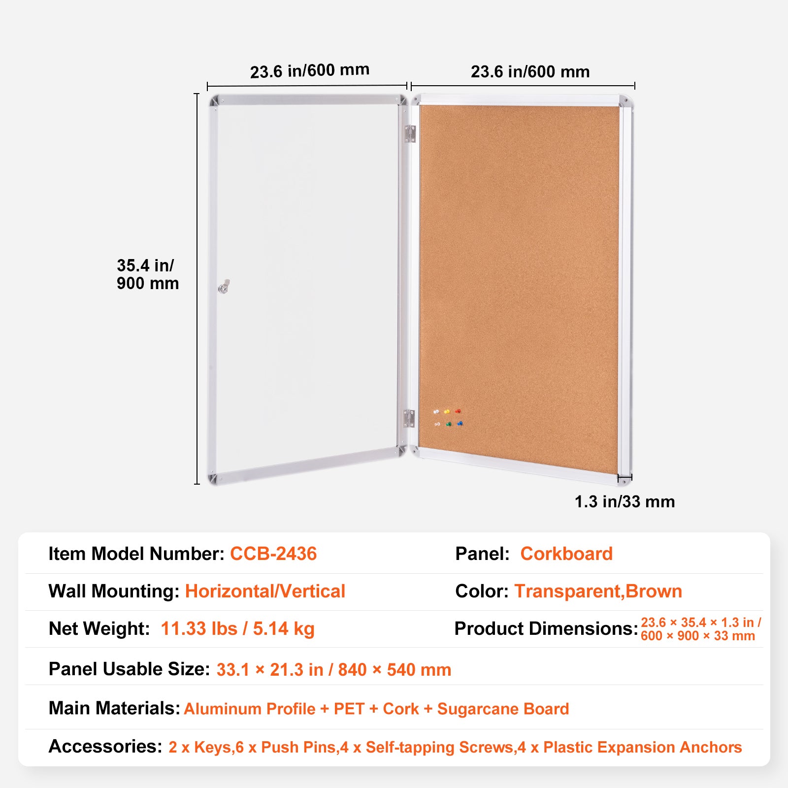 36"x24" Enclosed Cork Board with Aluminum Frame – Lockable Bulletin Board with Acrylic Door & 2 Keys – Weather-Resistant Wall Display Case for School, Home, Office
