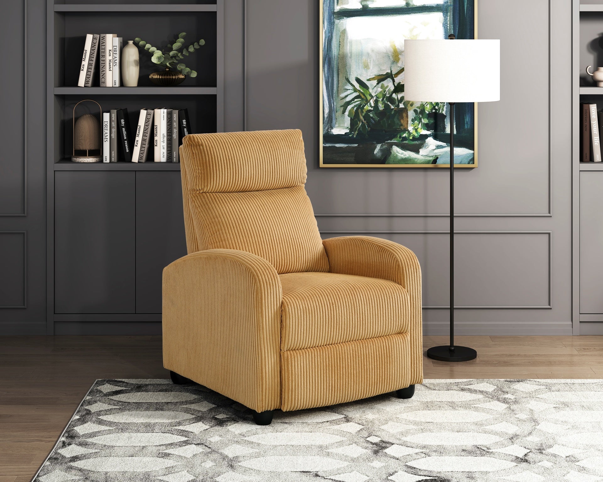 Modern Push Back Recliner Chair Yellow Soft Corduroy Upholstery Comfort Solid Wood Living Room Furniture 1pc