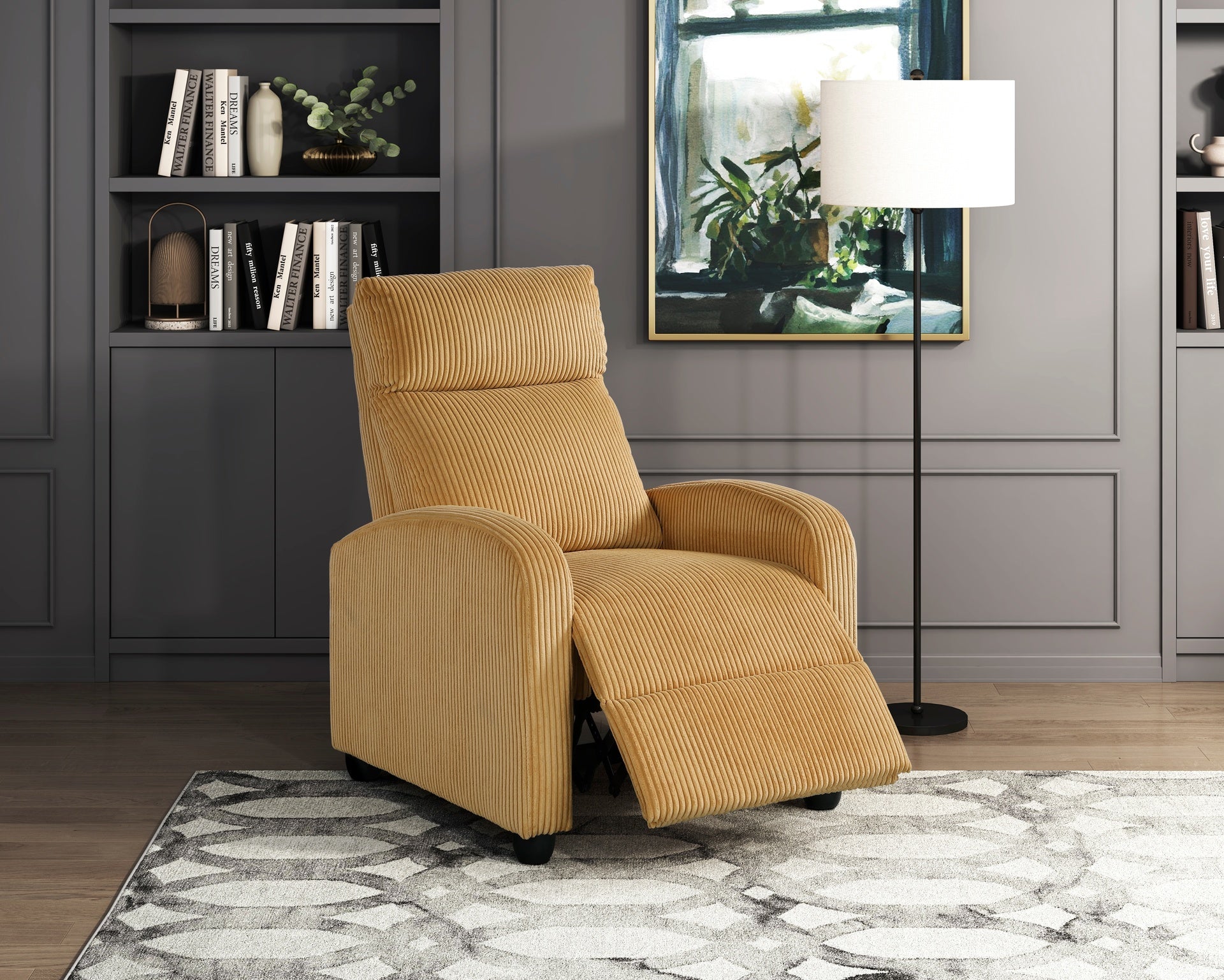 Modern Push Back Recliner Chair Yellow Soft Corduroy Upholstery Comfort Solid Wood Living Room Furniture 1pc