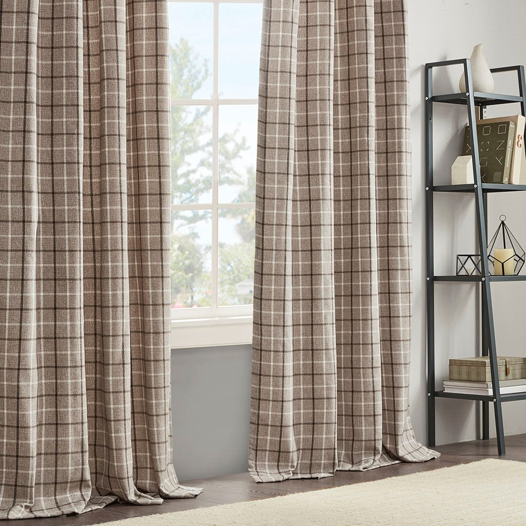 Plaid Rod Pocket and Back Tab Curtain Panel with Fleece Lining Brown 50x84"