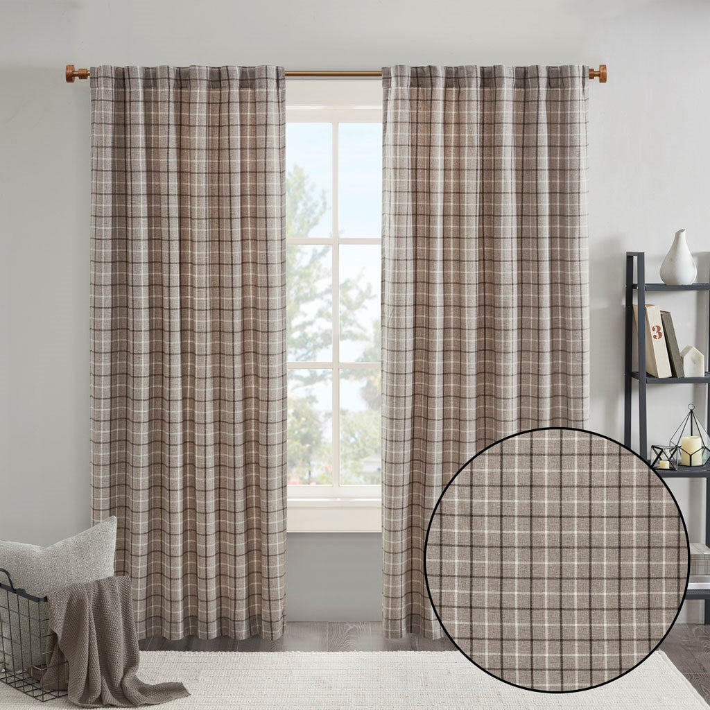 Plaid Rod Pocket and Back Tab Curtain Panel with Fleece Lining Brown 50x84"