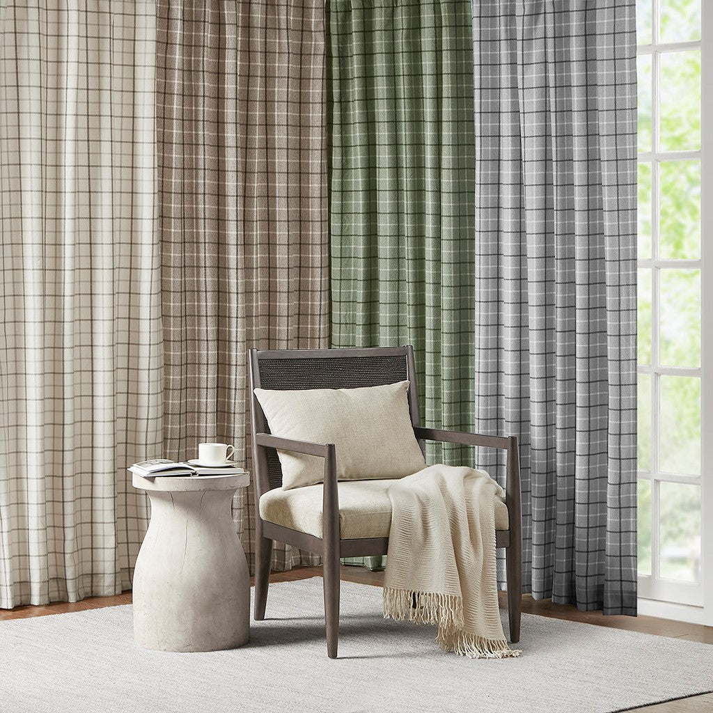 Plaid Rod Pocket and Back Tab Curtain Panel with Fleece Lining Brown 50x84"