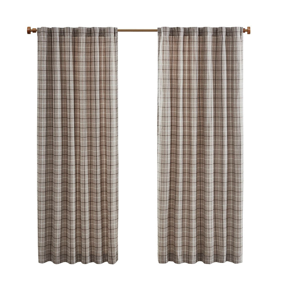 Plaid Rod Pocket and Back Tab Curtain Panel with Fleece Lining Brown 50x84"
