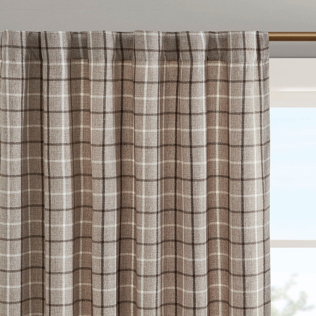 Plaid Rod Pocket and Back Tab Curtain Panel with Fleece Lining Brown 50x84"