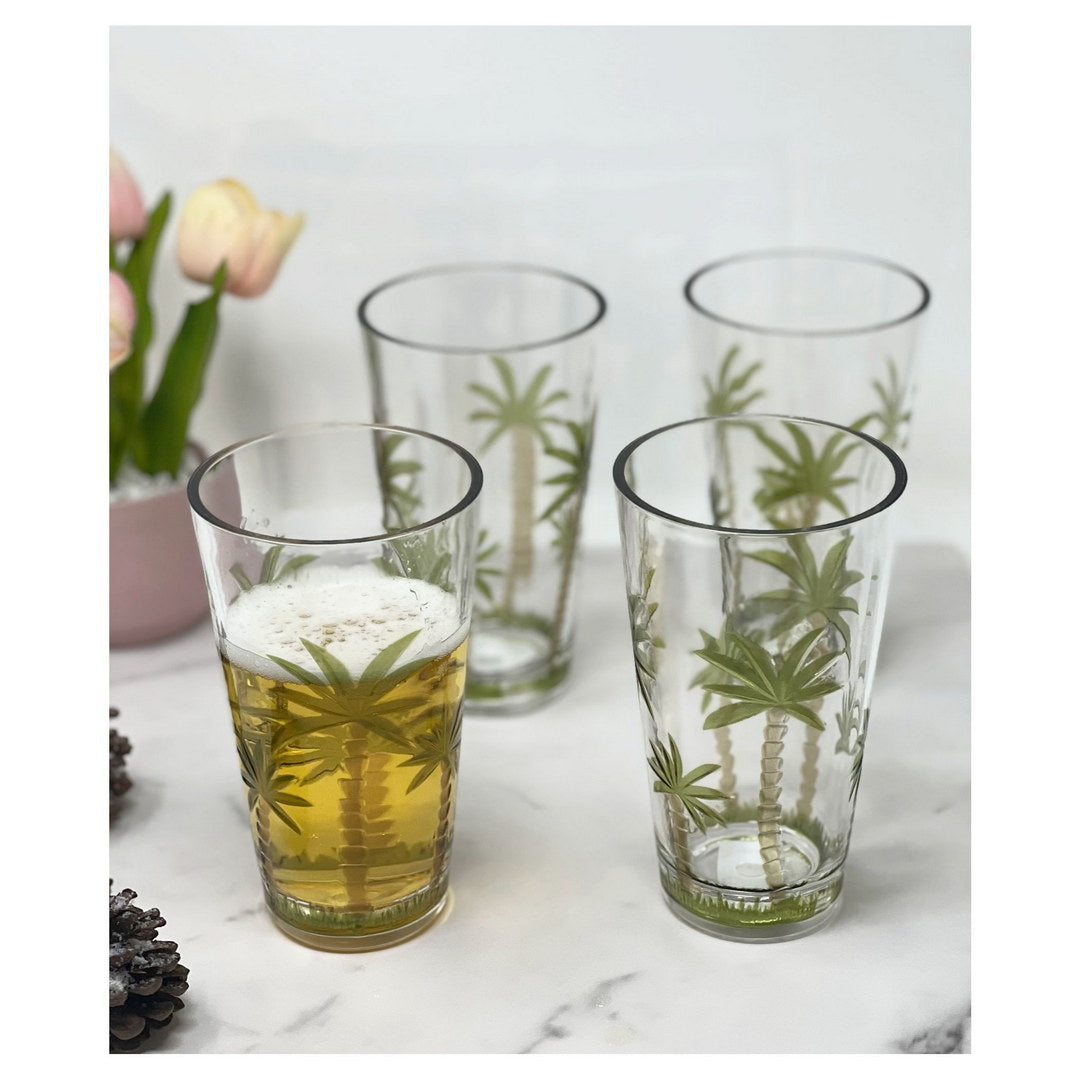 Palm Tree Design Acrylic Glasses Drinking Set of 4 Hi Ball (20oz), Plastic Drinking Glasses, BPA Free Cocktail Glasses, Drinkware Set, Plastic Water Tumblers