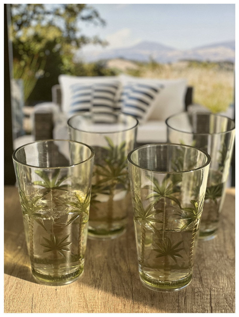 Palm Tree Design Acrylic Glasses Drinking Set of 4 Hi Ball (20oz), Plastic Drinking Glasses, BPA Free Cocktail Glasses, Drinkware Set, Plastic Water Tumblers