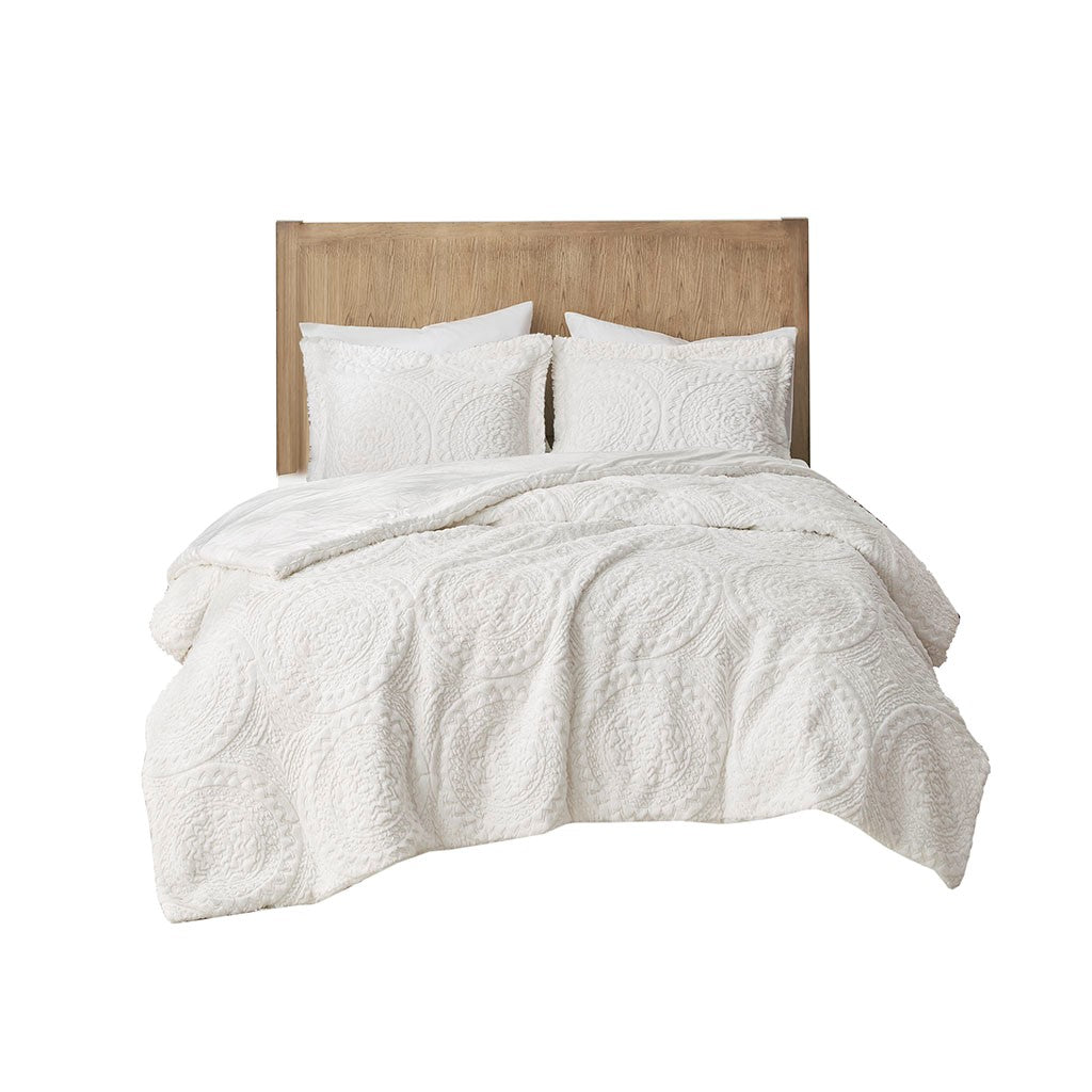 King/Cal King Embroidered Medallion Faux Fur Ultra Plush Comforter Mini Set