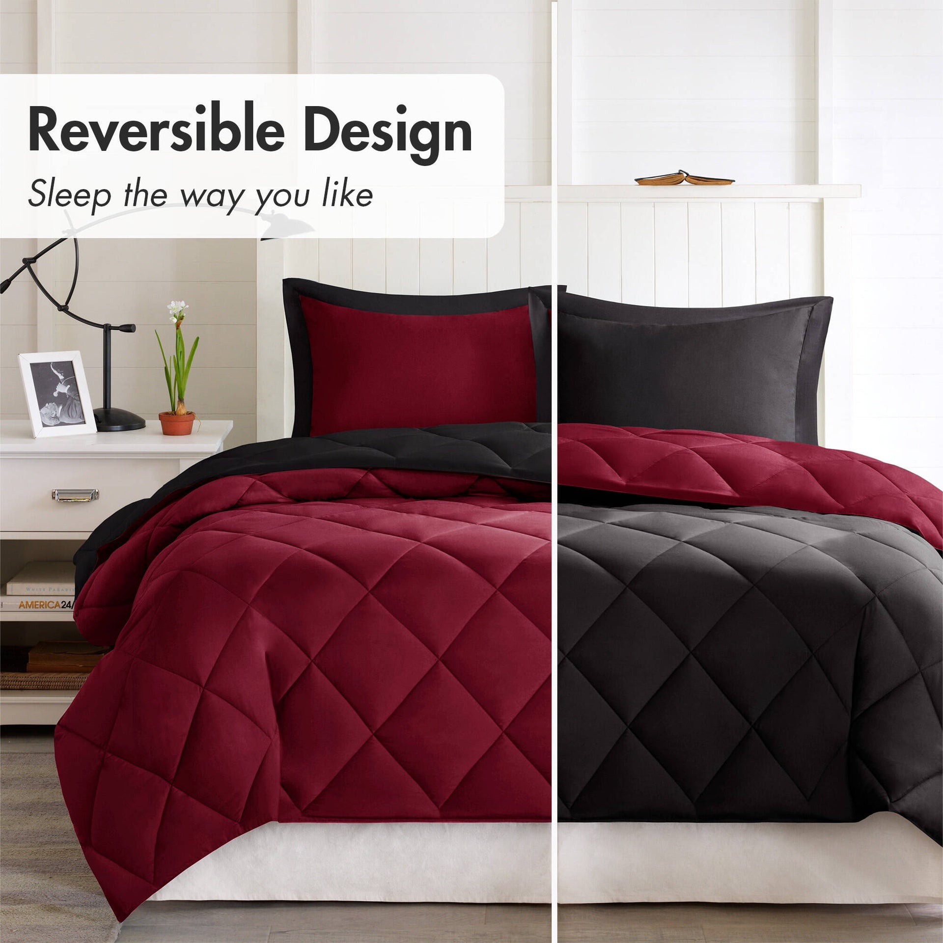 3 Pieces Full/Queen 3M Scotchgard Diamond Quilting Reversible Down Alternative Comforter Set,Red+Black