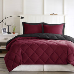 3 Pieces Full/Queen 3M Scotchgard Diamond Quilting Reversible Down Alternative Comforter Set,Red+Black