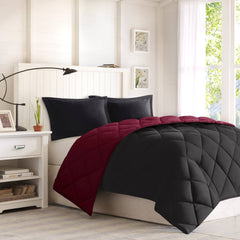 3 Pieces Full/Queen 3M Scotchgard Diamond Quilting Reversible Down Alternative Comforter Set,Red+Black