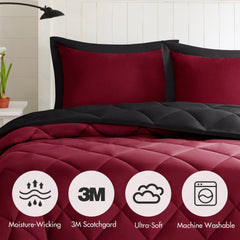 3 Pieces Full/Queen 3M Scotchgard Diamond Quilting Reversible Down Alternative Comforter Set,Red+Black