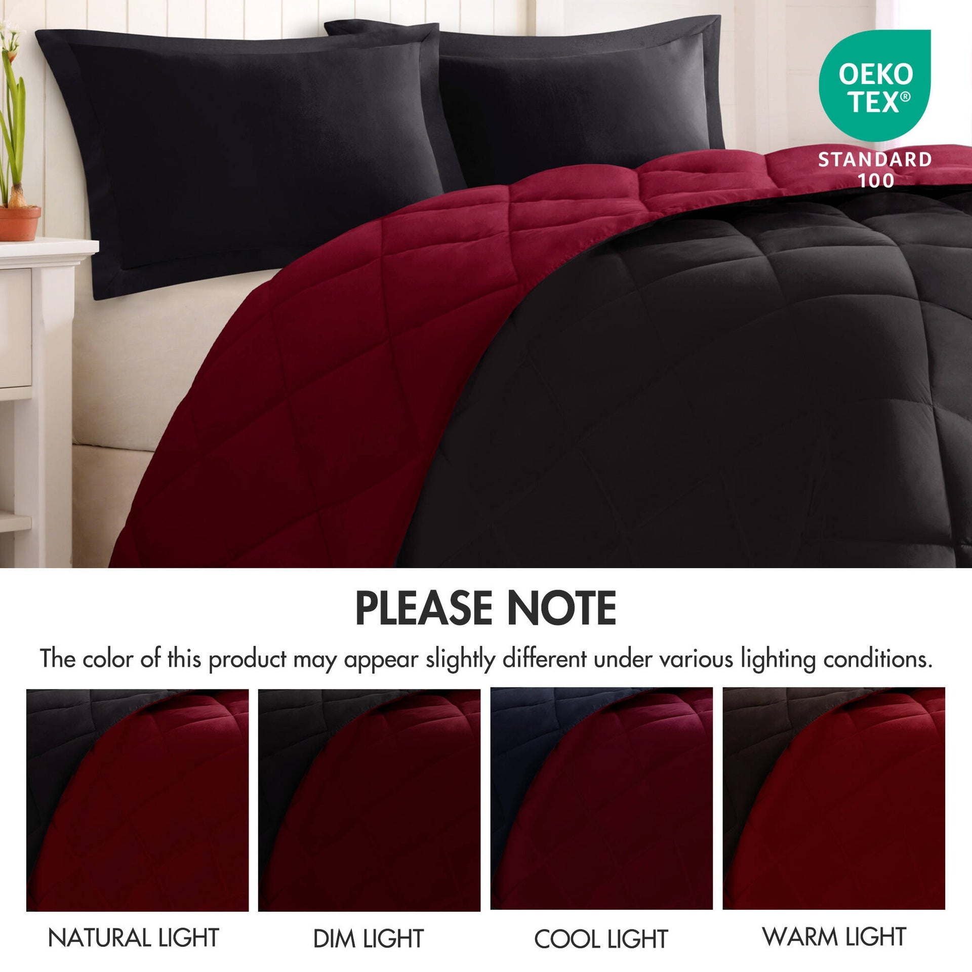 3 Pieces Full/Queen 3M Scotchgard Diamond Quilting Reversible Down Alternative Comforter Set,Red+Black