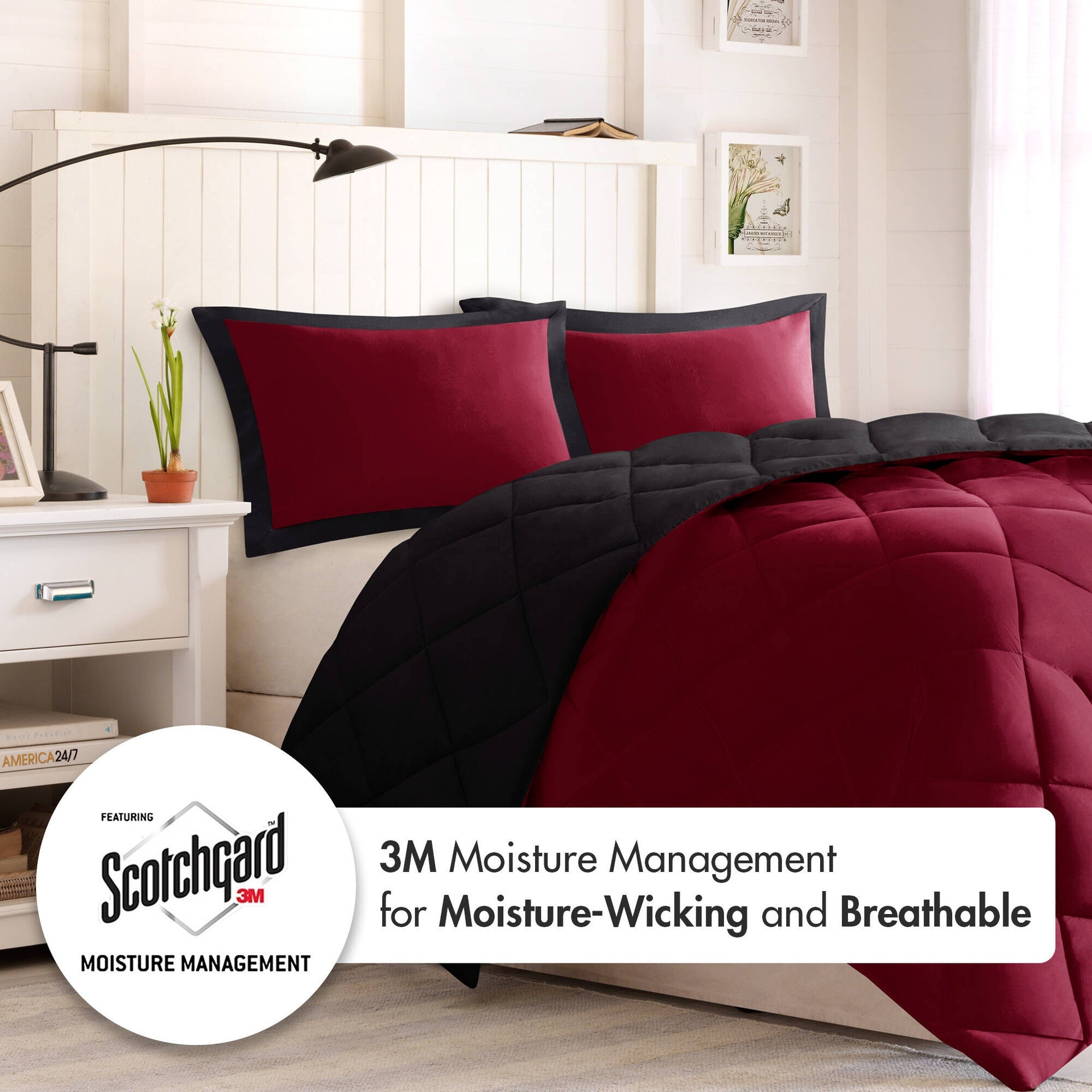 3 Pieces Full/Queen 3M Scotchgard Diamond Quilting Reversible Down Alternative Comforter Set,Red+Black