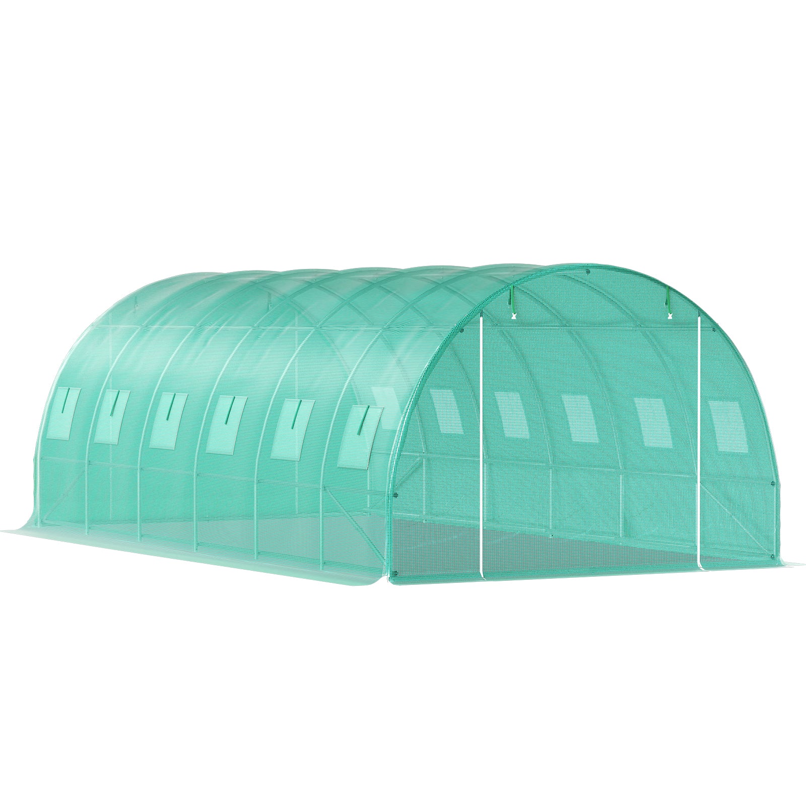 Walk-in Tunnel Greenhouse, 20 x 10 x 7 ft Portable Plant Hot House w/ Galvanized Steel Hoops, 3 Top Beams, Diagonal Poles, 2 Zippered Doors & 12 Roll-up Windows, Green