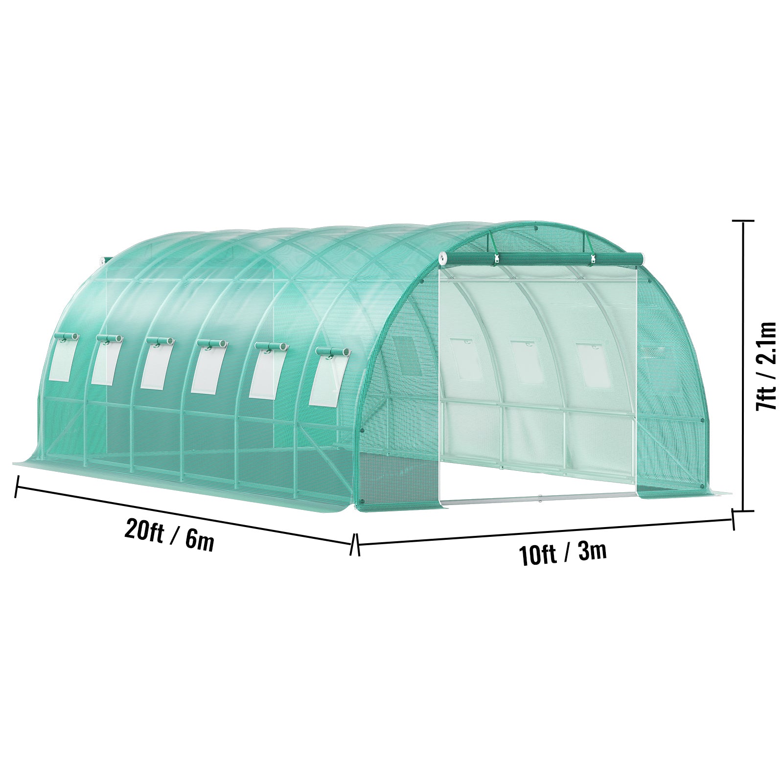 Walk-in Tunnel Greenhouse, 20 x 10 x 7 ft Portable Plant Hot House w/ Galvanized Steel Hoops, 3 Top Beams, Diagonal Poles, 2 Zippered Doors & 12 Roll-up Windows, Green