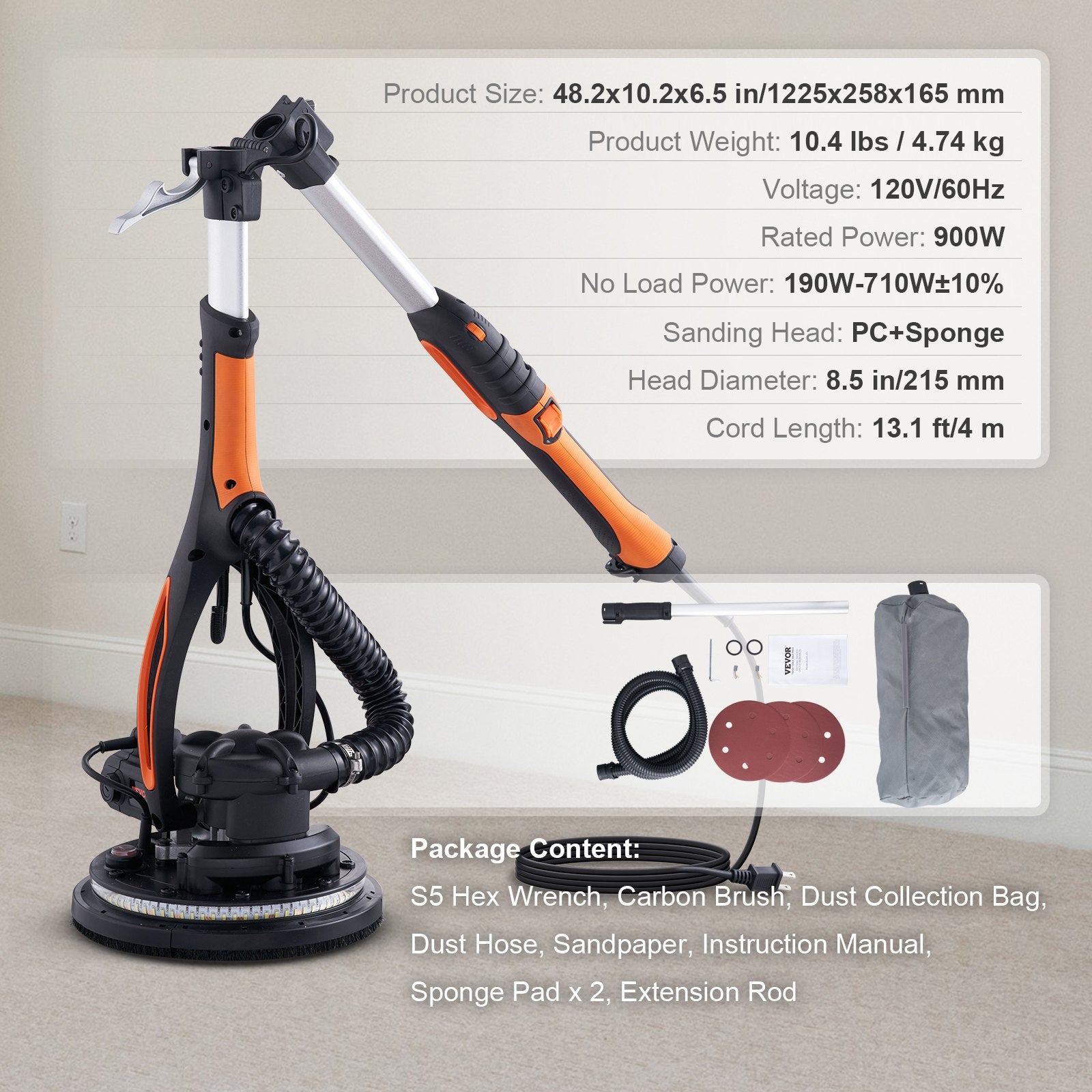 Drywall Sander 900W Brush Motor 800-1800RPM Variable Speed & Self-Suction