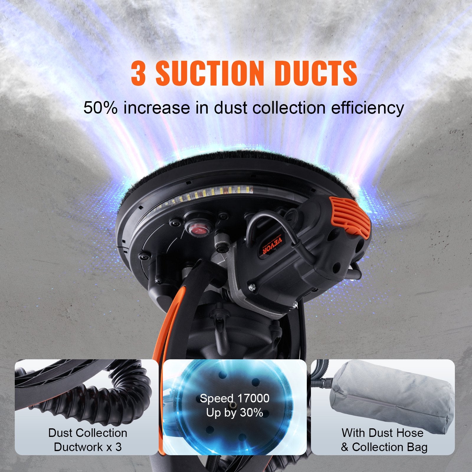 Drywall Sander 900W Brush Motor 800-1800RPM Variable Speed & Self-Suction