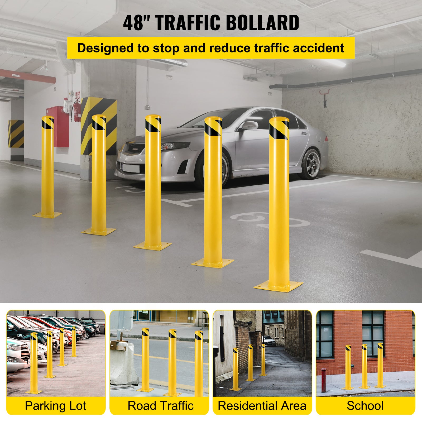 Safety Bollard 48"x4.5" Safety Barrier Bollard 4-1/2" OD 48" Height Yellow Powder Coat Pipe Steel Safety Barrier with 4 Free Anchor Bolts for Traffic-Sensitive Area