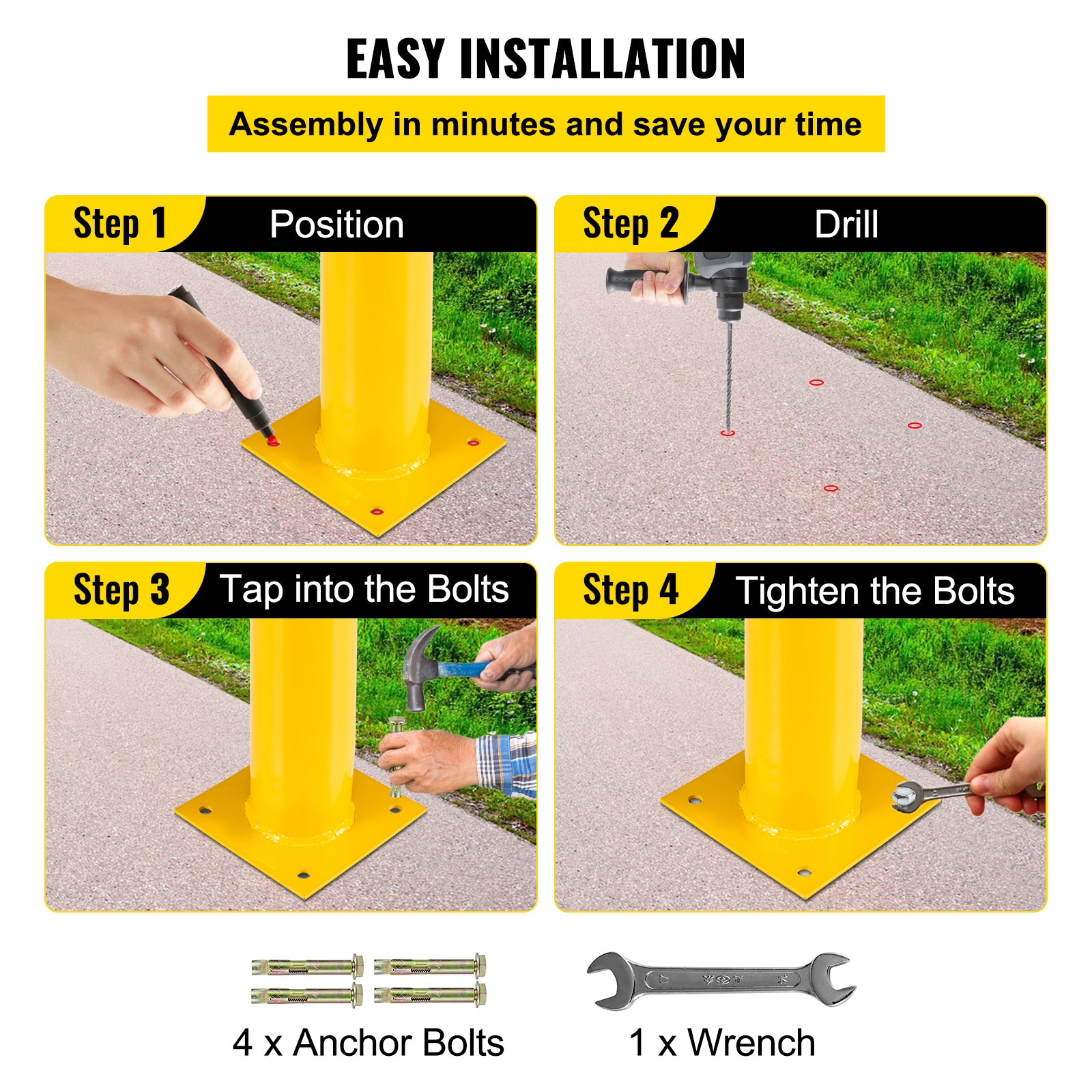 Safety Bollard 48"x4.5" Safety Barrier Bollard 4-1/2" OD 48" Height Yellow Powder Coat Pipe Steel Safety Barrier with 4 Free Anchor Bolts for Traffic-Sensitive Area