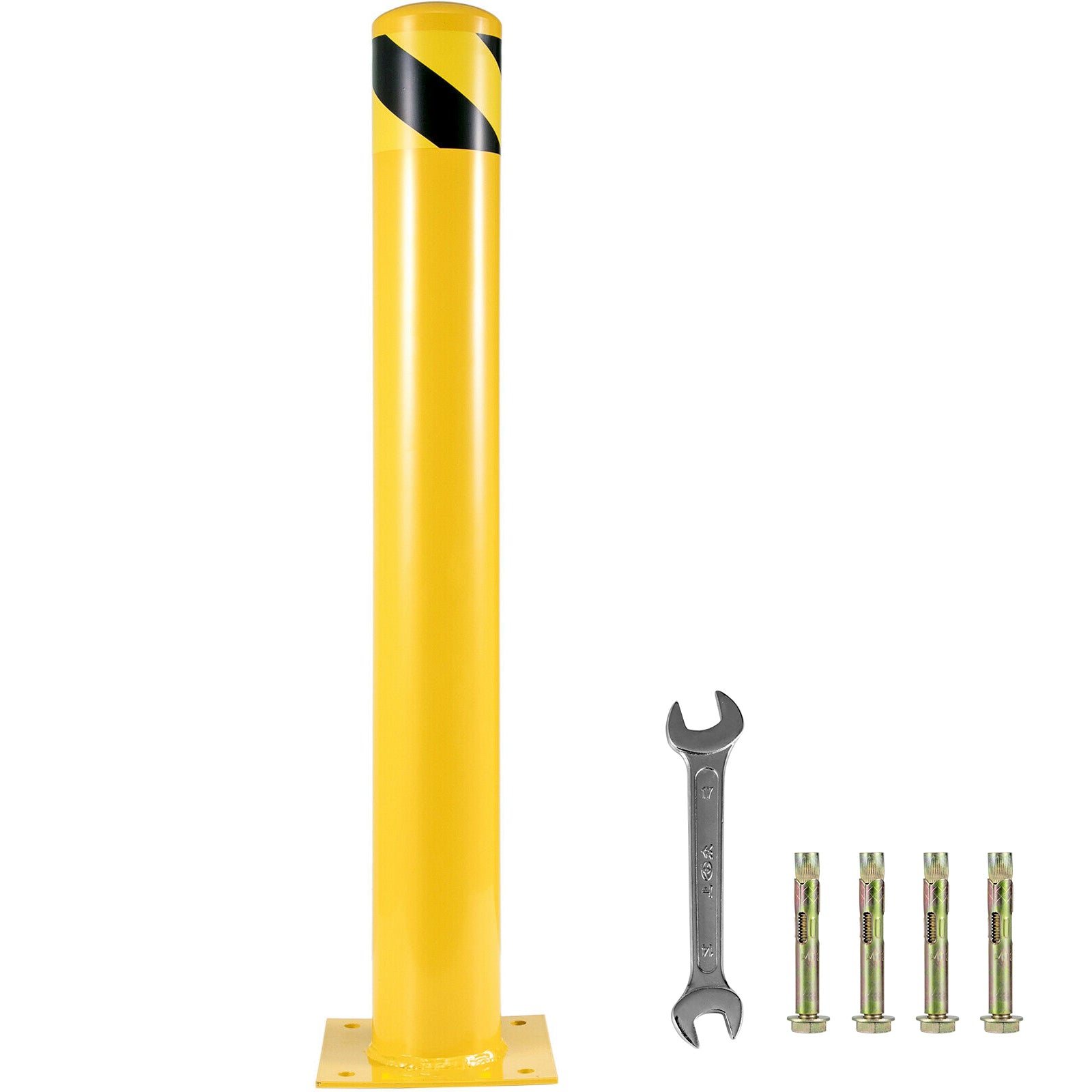 Safety Bollard 48"x4.5" Safety Barrier Bollard 4-1/2" OD 48" Height Yellow Powder Coat Pipe Steel Safety Barrier with 4 Free Anchor Bolts for Traffic-Sensitive Area