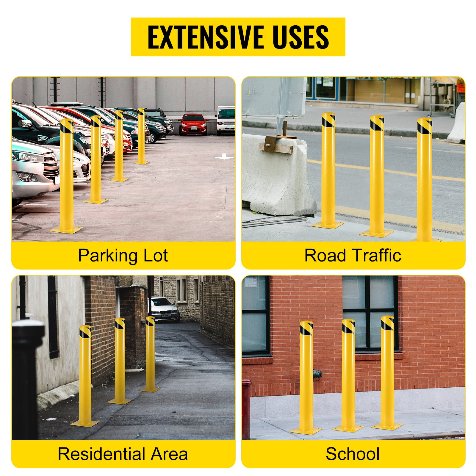 Safety Bollard 48"x4.5" Safety Barrier Bollard 4-1/2" OD 48" Height Yellow Powder Coat Pipe Steel Safety Barrier with 4 Free Anchor Bolts for Traffic-Sensitive Area