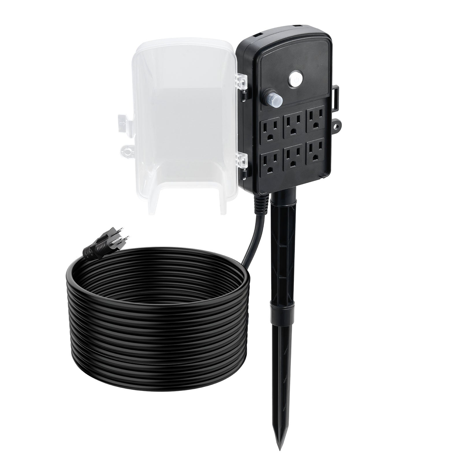 Outdoor Power Stake, 25 FT Extension Cord, Outdoor Power Strip Weatherproof with Cover and Overload Protection, 6 Outlets, 15A/1875W, Waterproof Multi-Outlet Yard Stake for Christmas Lights