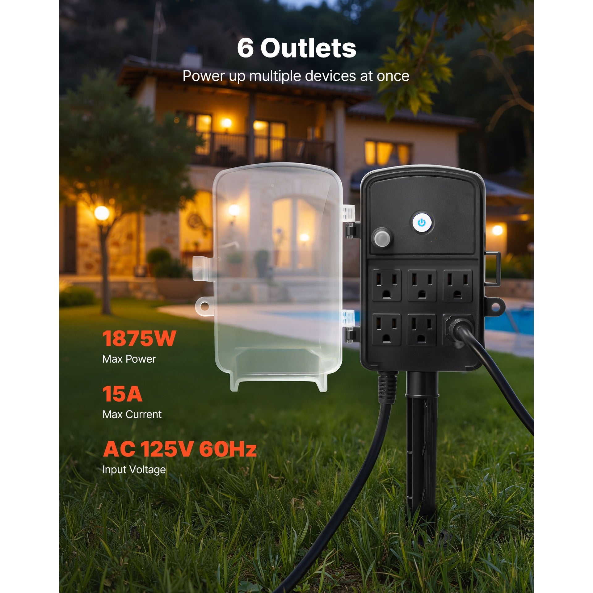 Outdoor Power Stake, 25 FT Extension Cord, Outdoor Power Strip Weatherproof with Cover and Overload Protection, 6 Outlets, 15A/1875W, Waterproof Multi-Outlet Yard Stake for Christmas Lights