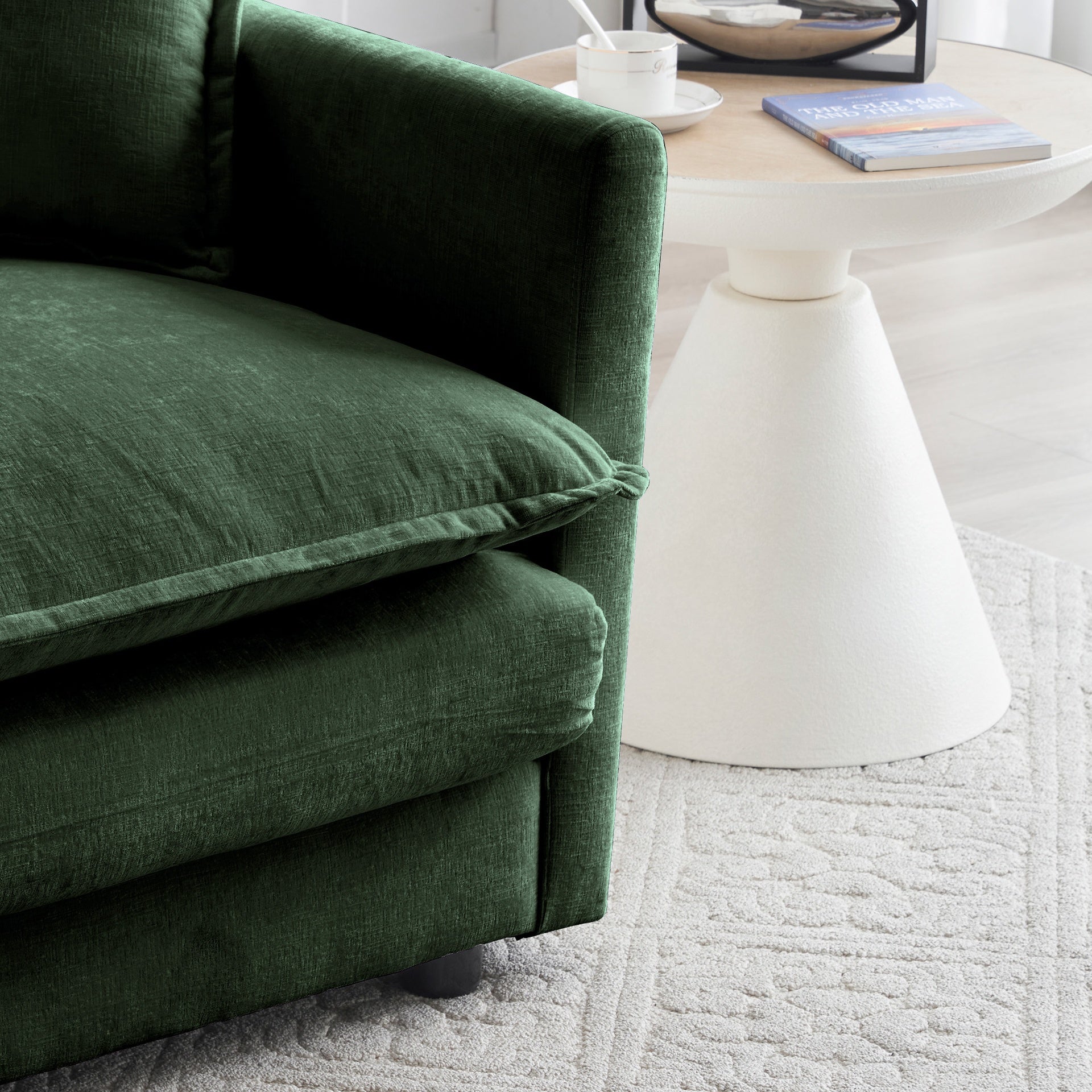 Chenille Two-Seater Sofa with 1 Footrest, 2 Seater L-Shaped Sectional with Ottoman,Loveseat with Ottoman for Small Living Space, Green Chenille