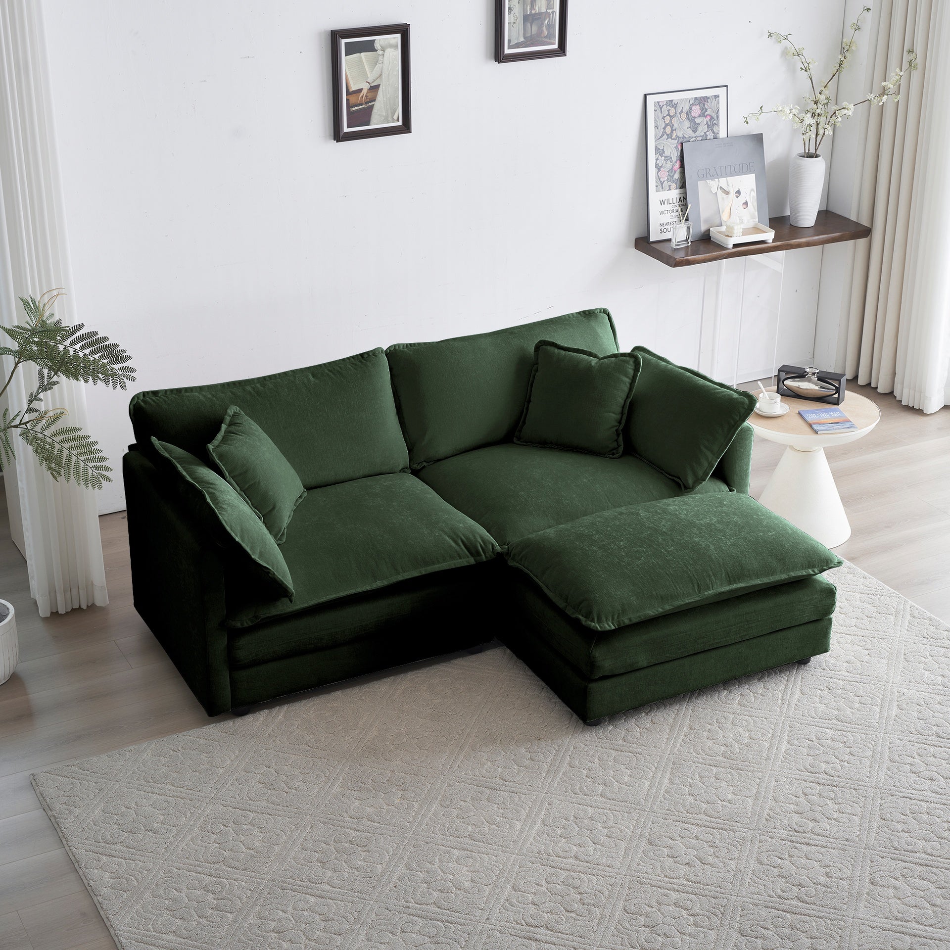 Chenille Two-Seater Sofa with 1 Footrest, 2 Seater L-Shaped Sectional with Ottoman,Loveseat with Ottoman for Small Living Space, Green Chenille