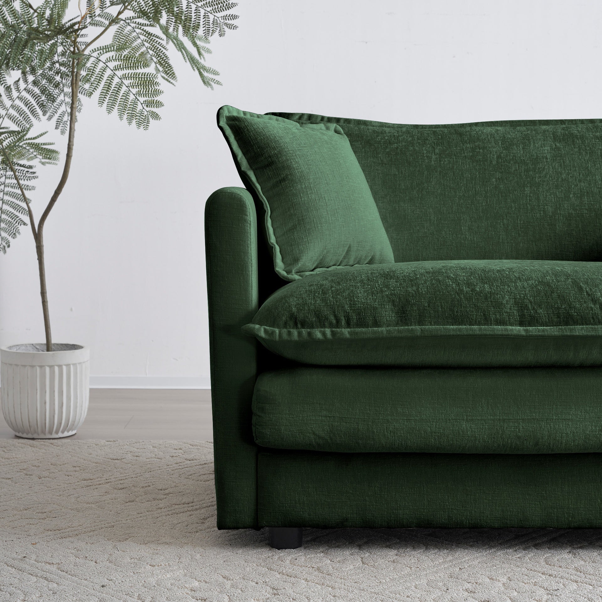 Chenille Two-Seater Sofa with 1 Footrest, 2 Seater L-Shaped Sectional with Ottoman,Loveseat with Ottoman for Small Living Space, Green Chenille