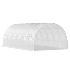 Walk-in Tunnel Greenhouse, 20 x 10 x 7 ft Portable Plant Hot House w/ Galvanized Steel Hoops, 3 Top Beams, Diagonal Poles, 2 Zippered Doors & 12 Roll-up Windows, White