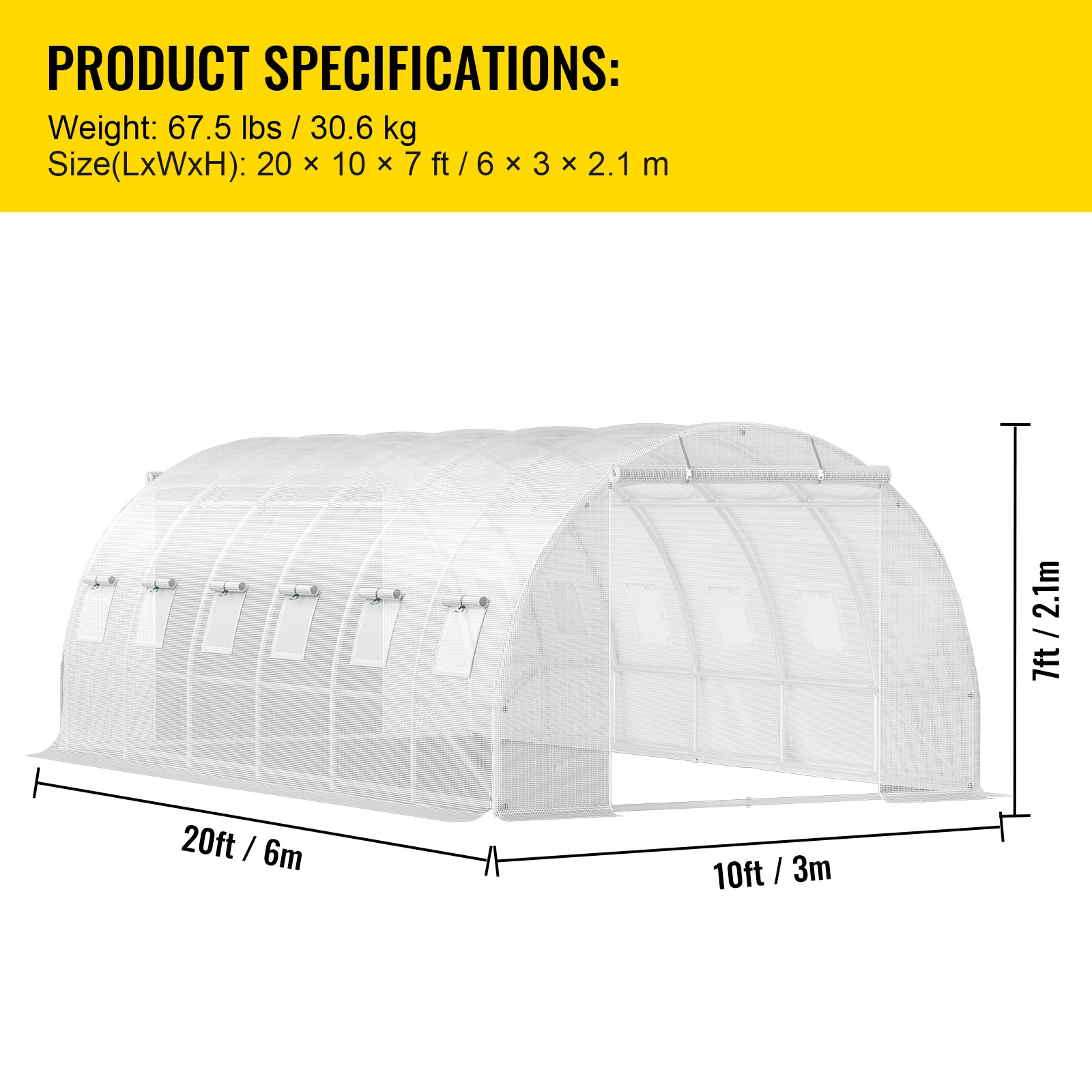 Walk-in Tunnel Greenhouse, 20 x 10 x 7 ft Portable Plant Hot House w/ Galvanized Steel Hoops, 3 Top Beams, Diagonal Poles, 2 Zippered Doors & 12 Roll-up Windows, White