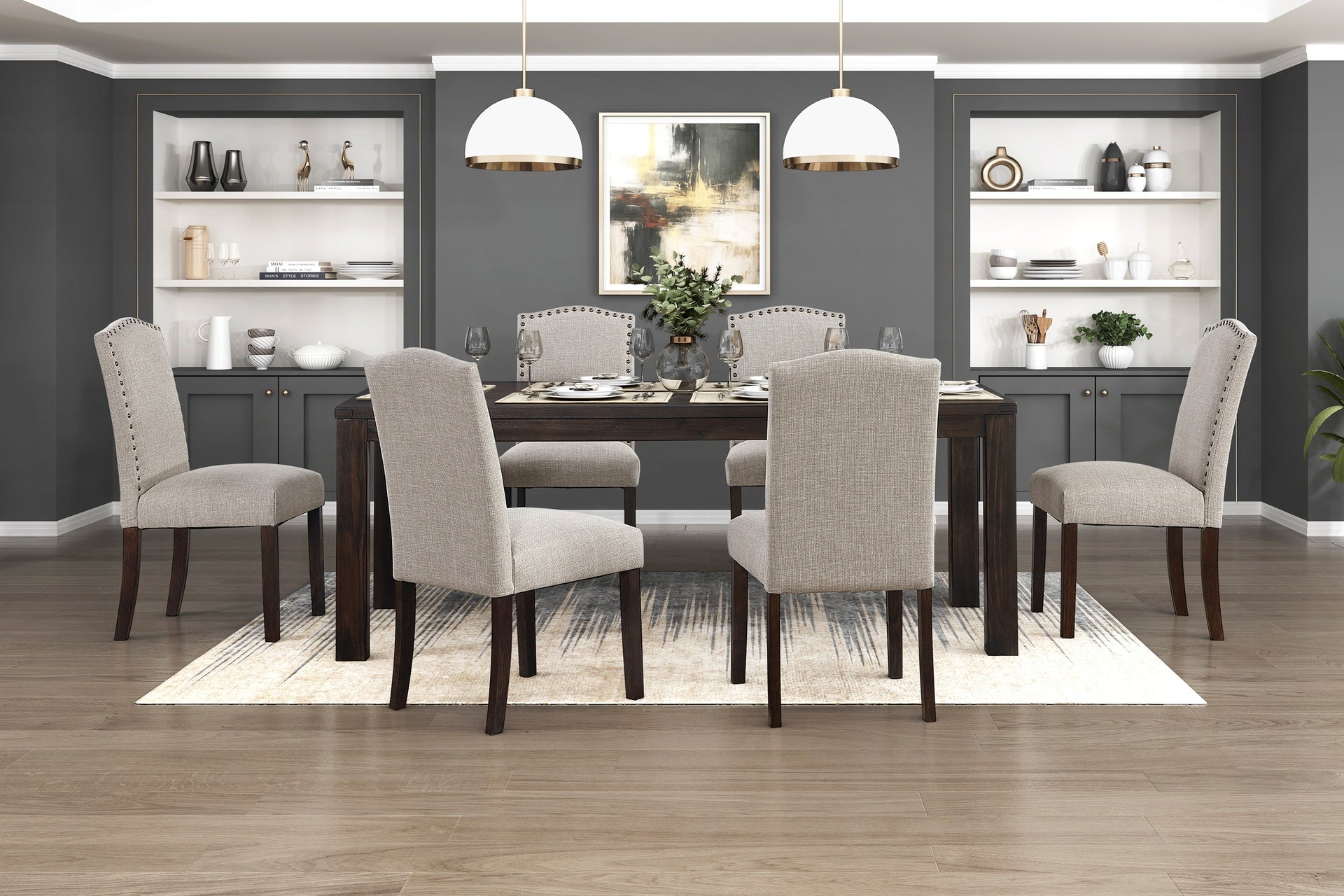 Modern Classic Side Chairs Set of 2, Taupe Fabric Upholstery Seat Back Nailhead Trim Dining Furniture