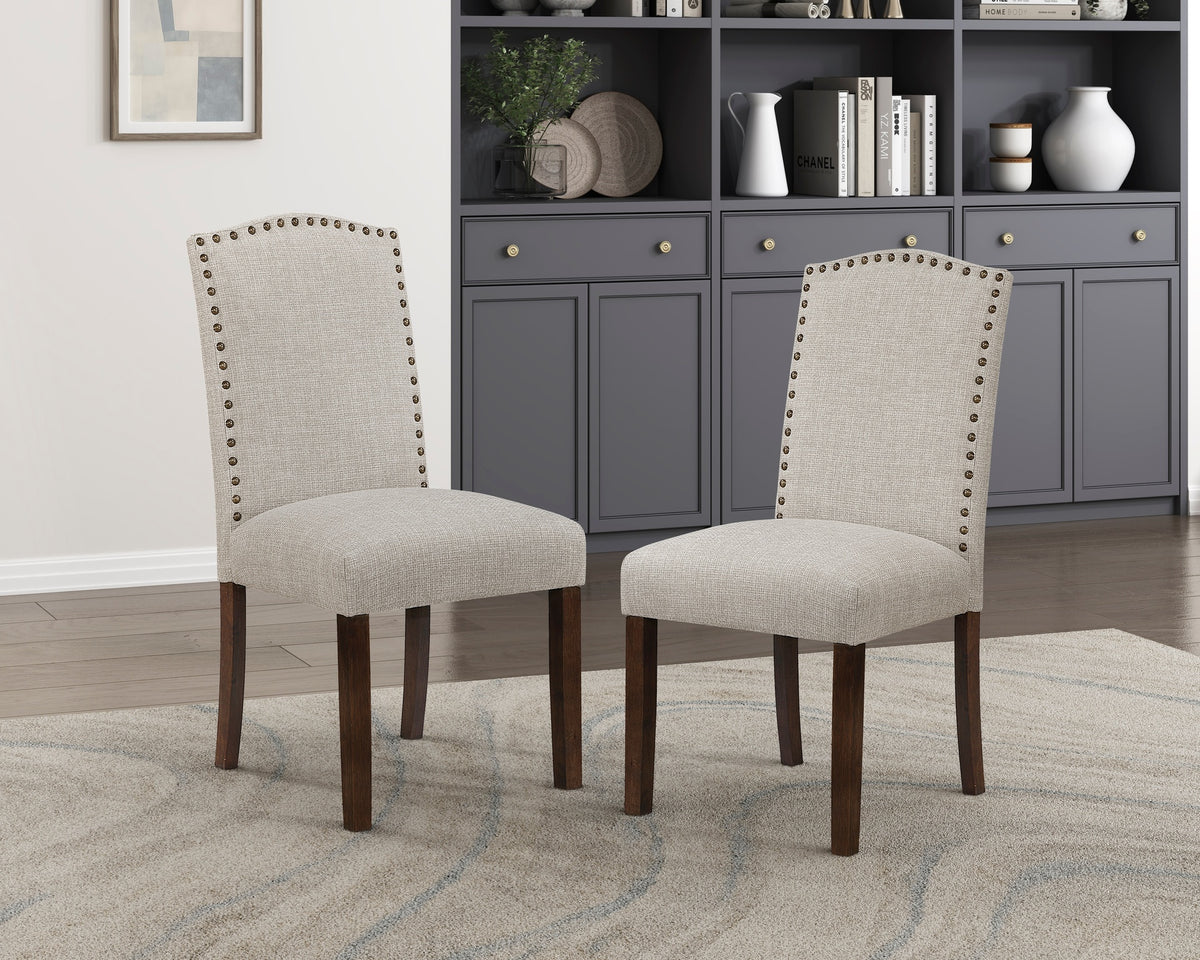 Modern Classic Side Chairs Set of 2, Taupe Fabric Upholstery Seat Back Nailhead Trim Dining Furniture