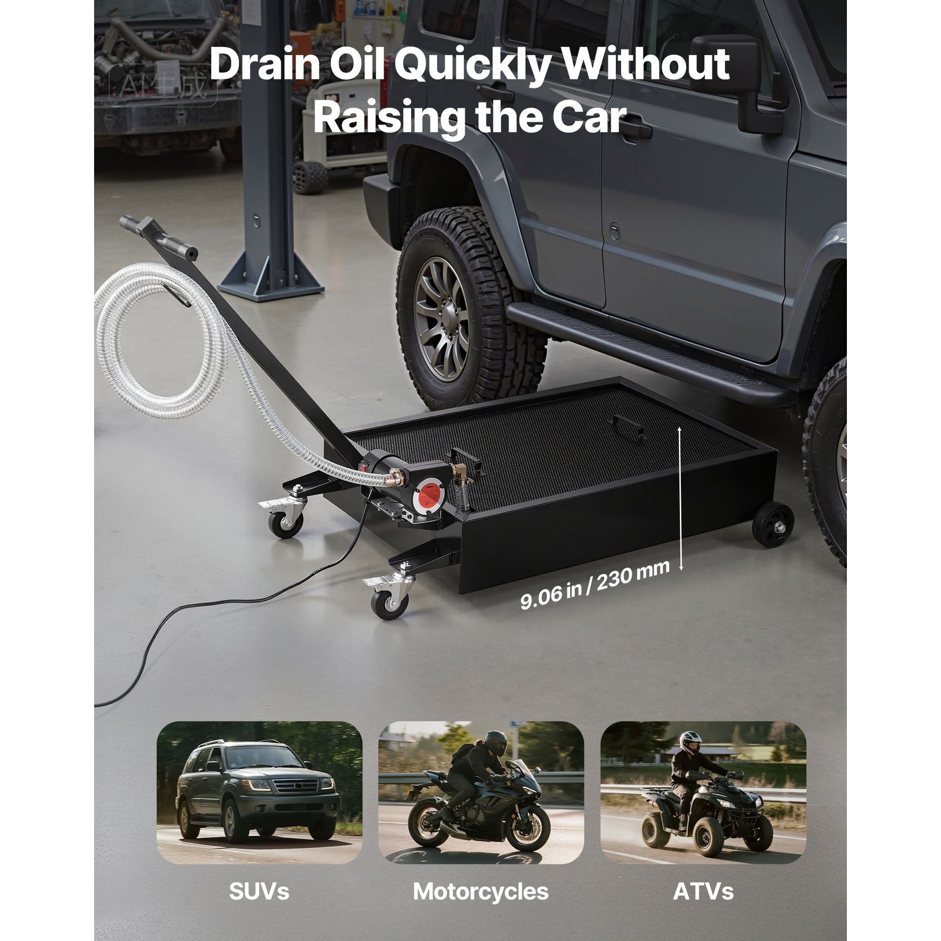 Low Profile Oil Drain Pan, 15 Gallon Capacity, Rolling Oil Drain Pan with Electric Pump & 7.2 ft Hose, Leak-proof & Corrosion-resistant, Fit for Cars, SUVs, Trucks, Motorcycles, ATVs, Metal