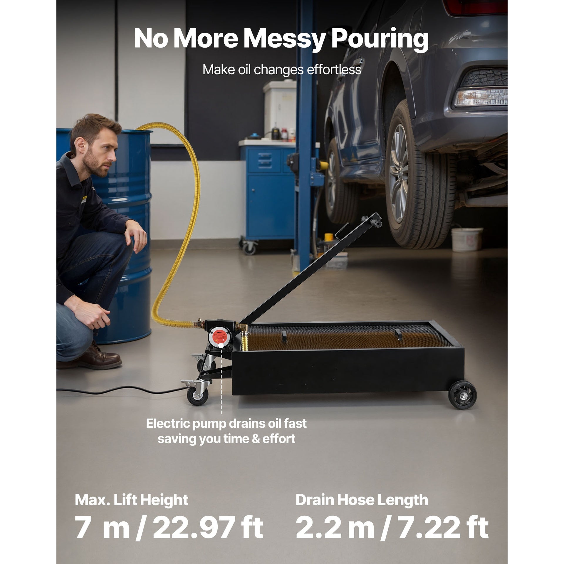Low Profile Oil Drain Pan, 15 Gallon Capacity, Rolling Oil Drain Pan with Electric Pump & 7.2 ft Hose, Leak-proof & Corrosion-resistant, Fit for Cars, SUVs, Trucks, Motorcycles, ATVs, Metal