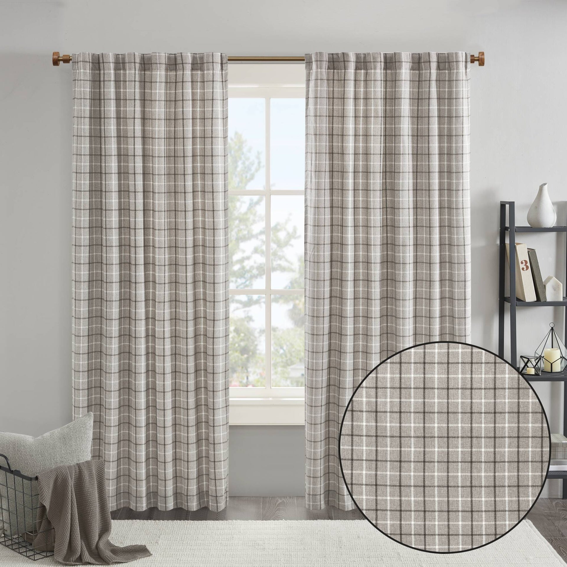1 PCS 50x108" Plaid Rod Pocket and Back Tab Curtain Panel with Fleece Lining Brown
