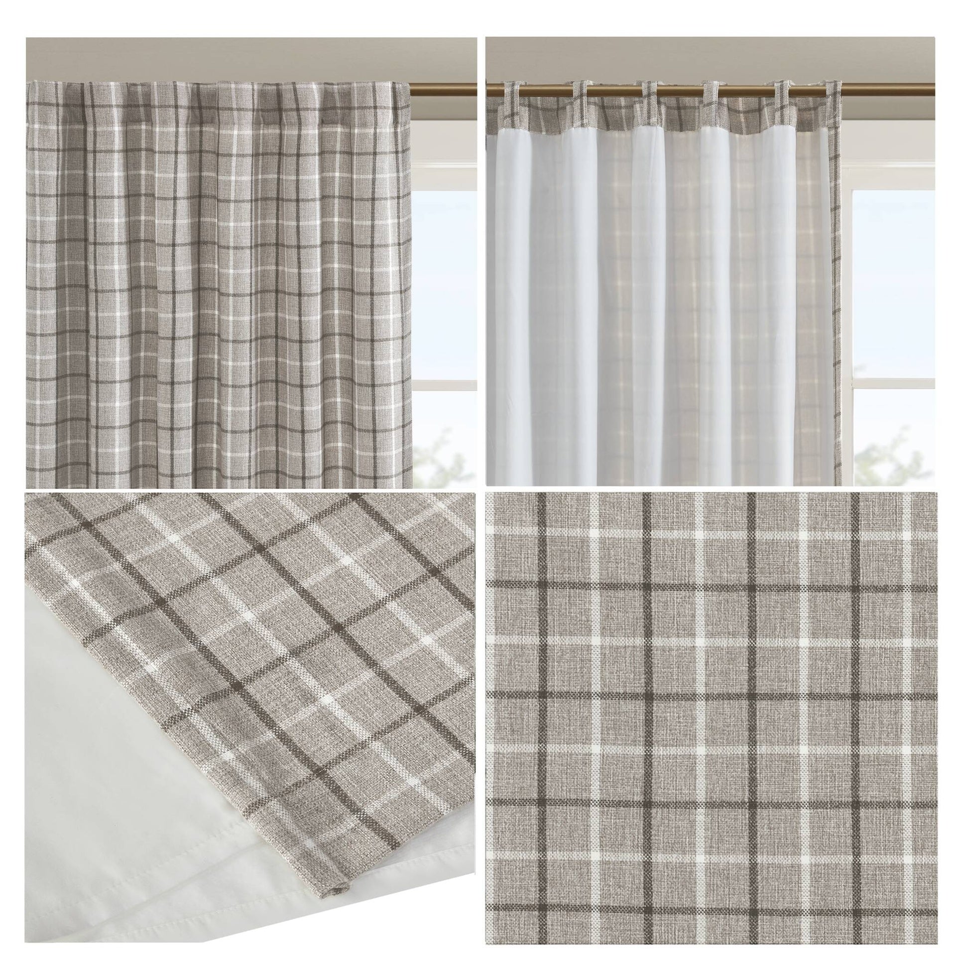 1 PCS 50x108" Plaid Rod Pocket and Back Tab Curtain Panel with Fleece Lining Brown
