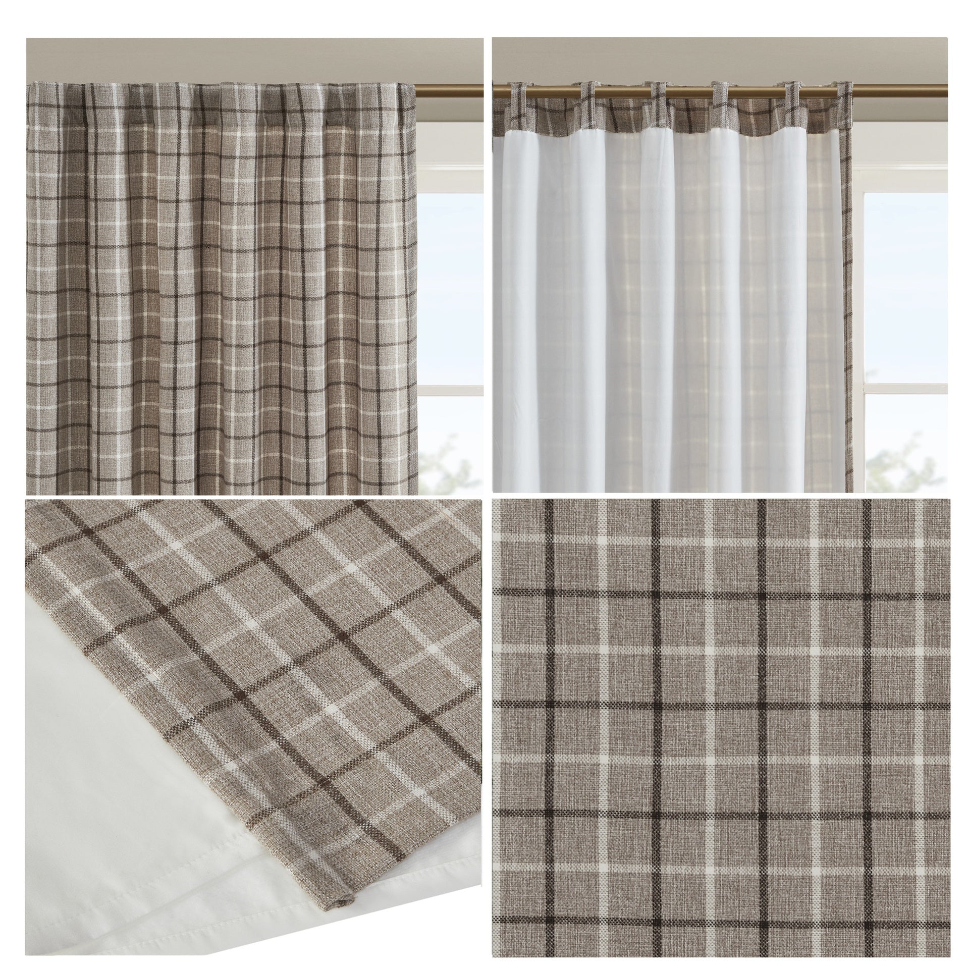 1 PCS 50x108" Plaid Rod Pocket and Back Tab Curtain Panel with Fleece Lining Brown