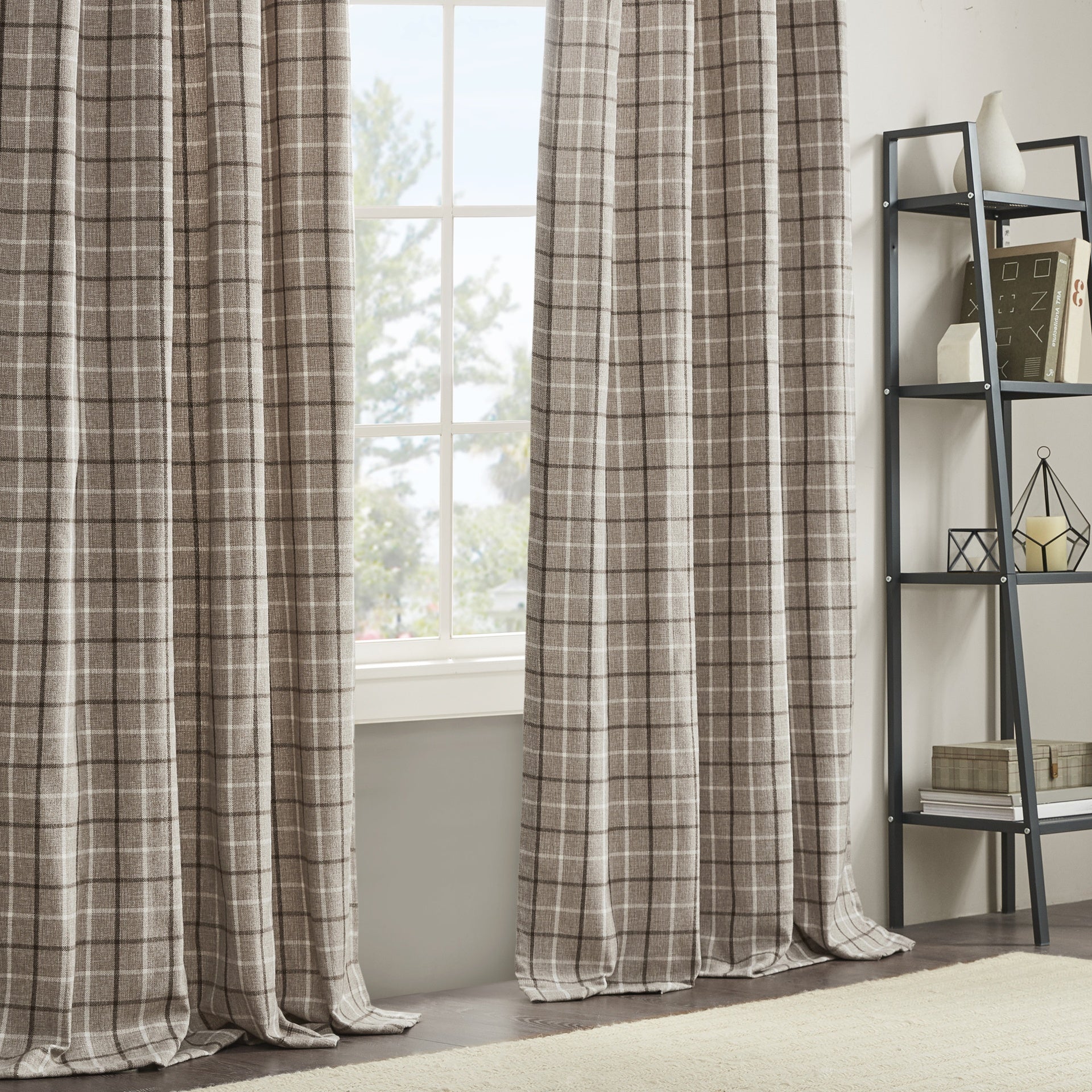 1 PCS 50x108" Plaid Rod Pocket and Back Tab Curtain Panel with Fleece Lining Brown