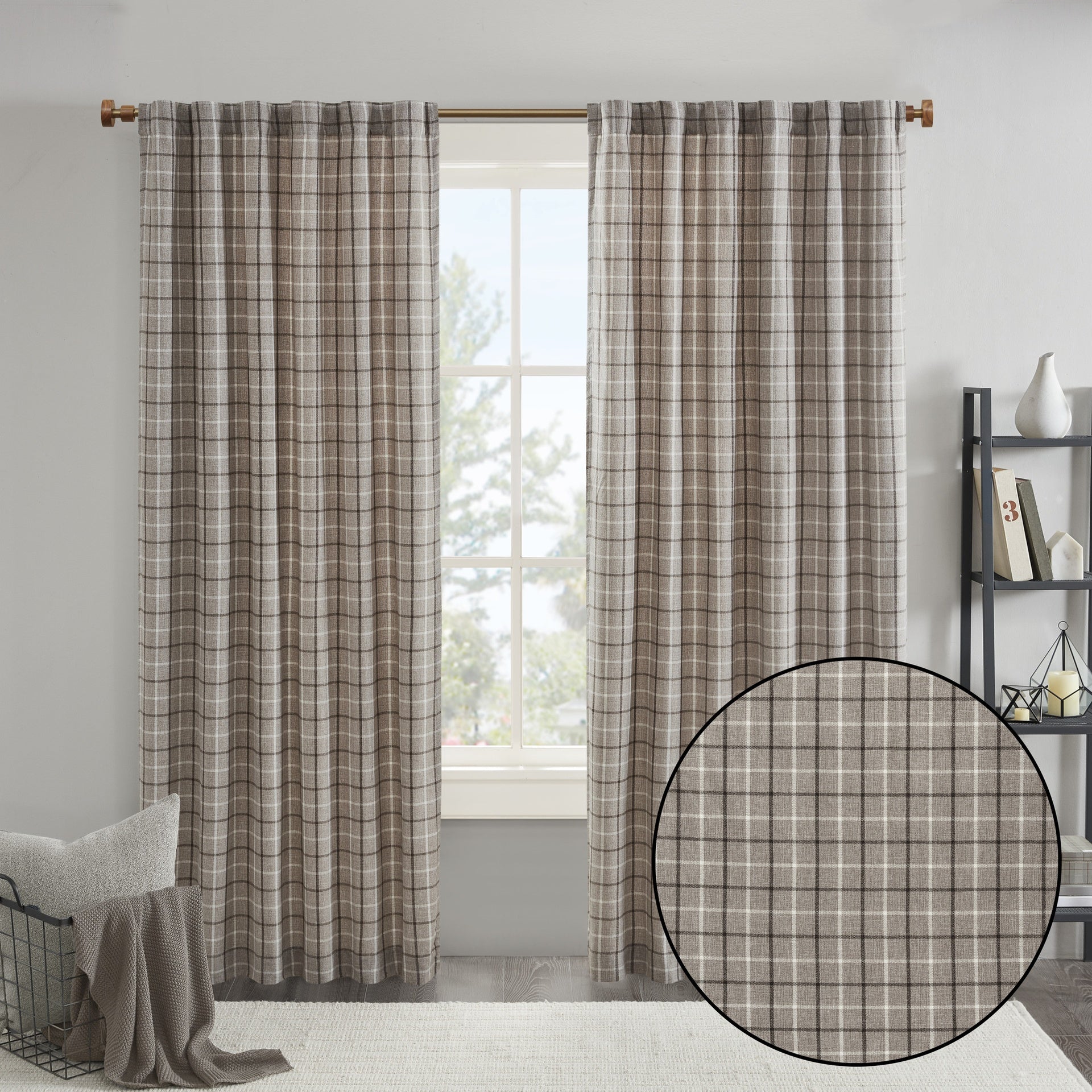 1 PCS 50x108" Plaid Rod Pocket and Back Tab Curtain Panel with Fleece Lining Brown