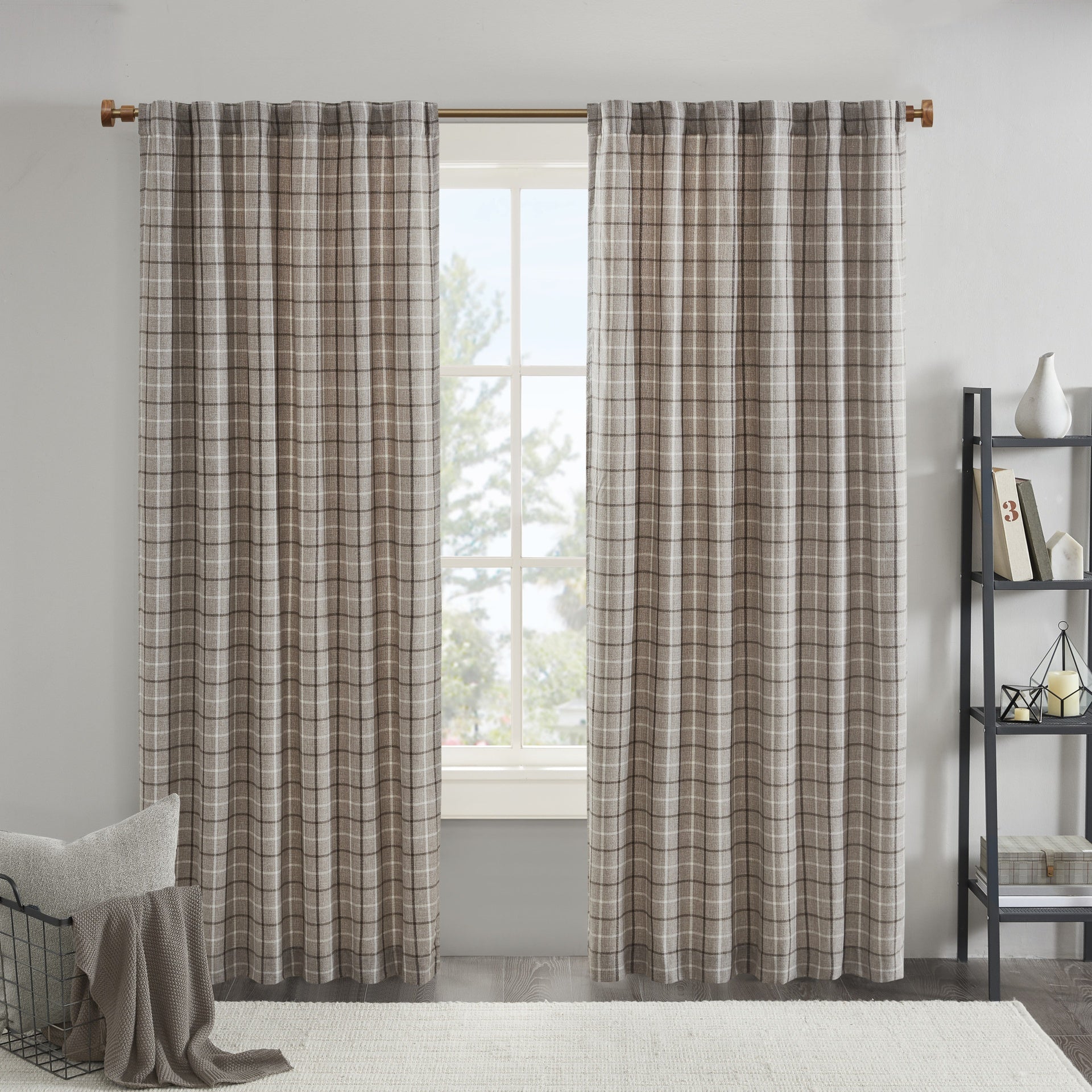1 PCS 50x108" Plaid Rod Pocket and Back Tab Curtain Panel with Fleece Lining Brown